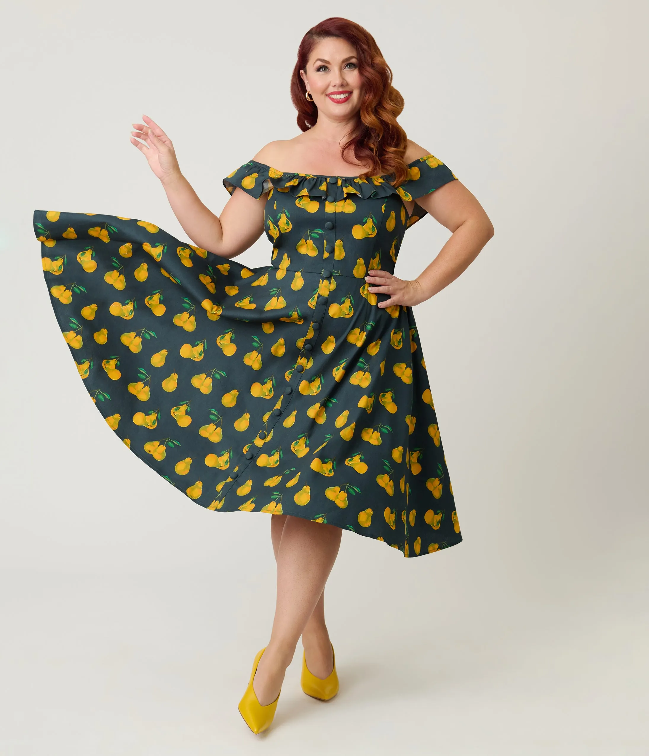 Magnolia Place Plus Size Black & Yellow Pear Print Barbara Swing Dress sold by Unique Vintage