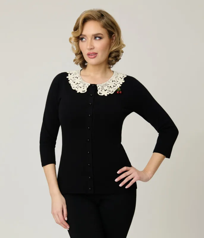 Unique Vintage Black & Cherry Pin Bookworm Cardigan sold by Unique Vintage