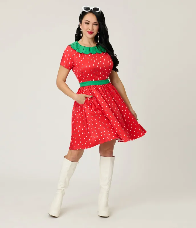 Smak Parlour Red & Green Petal Collar Flare Dress sold by Unique Vintage