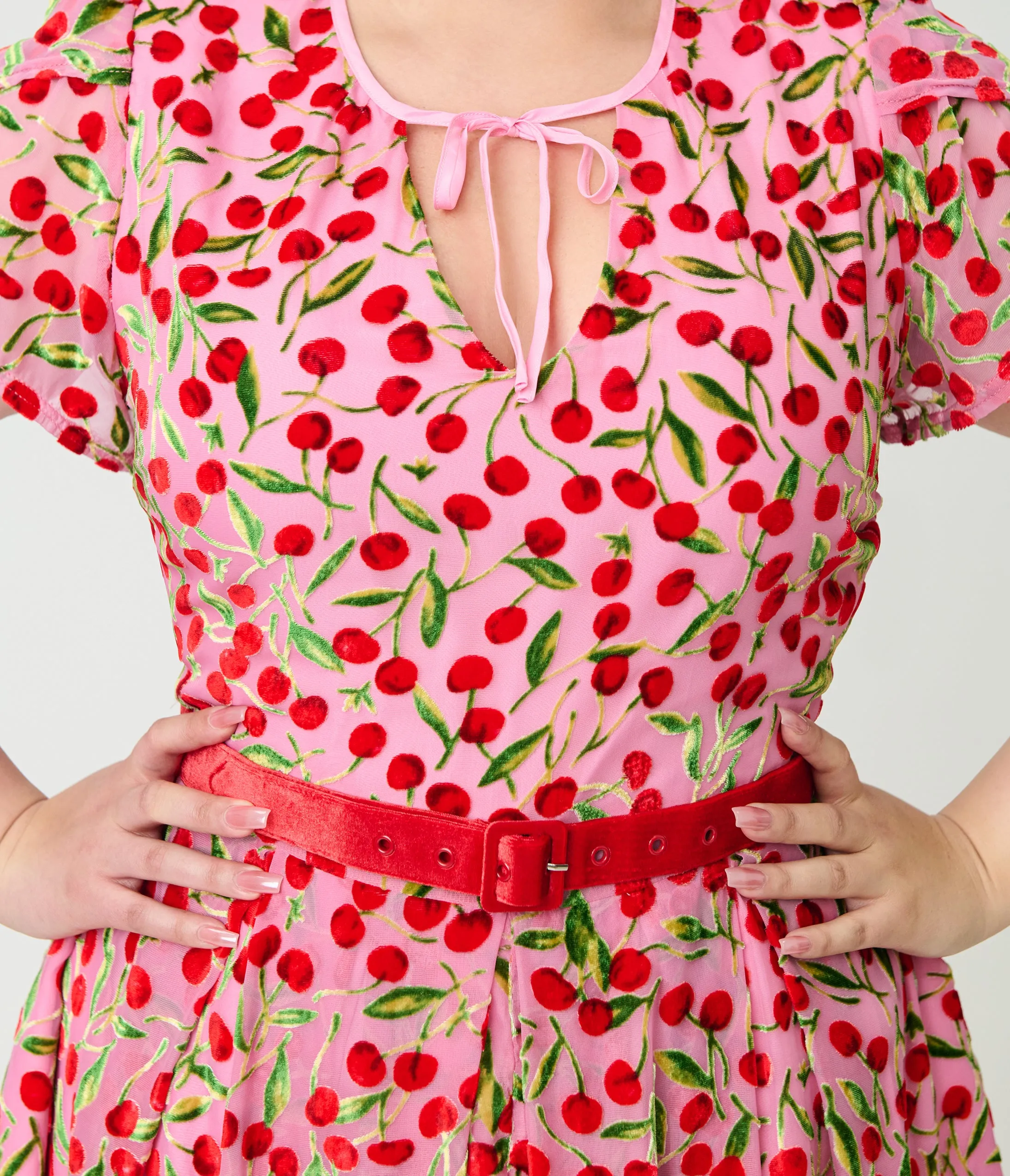 Unique Vintage Plus Size Pink Velvet Cherries Dahlia Swing Dress sold by Unique Vintage product image thumbnail 5