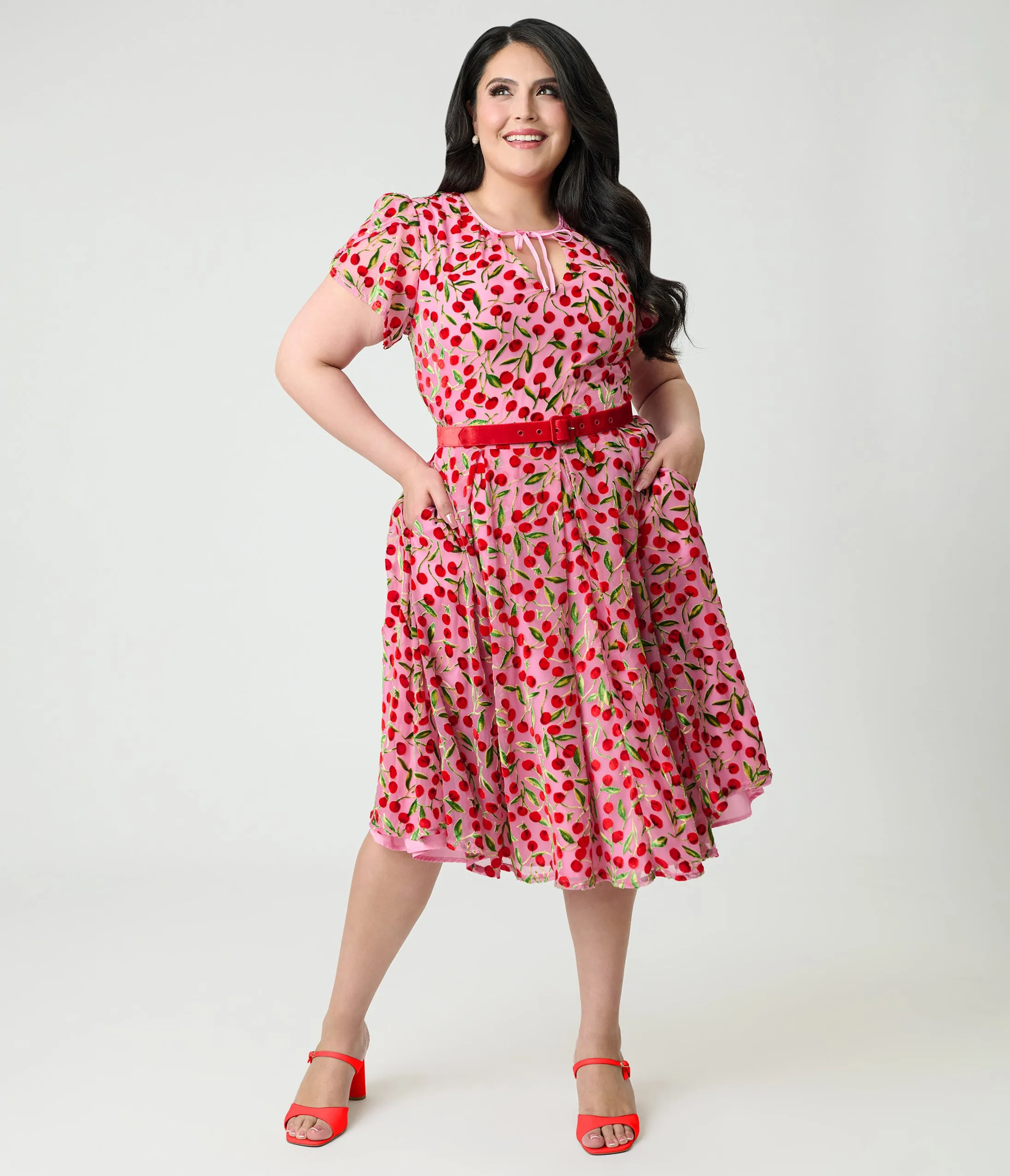 Unique Vintage Plus Size Pink Velvet Cherries Dahlia Swing Dress sold by Unique Vintage product image thumbnail 3