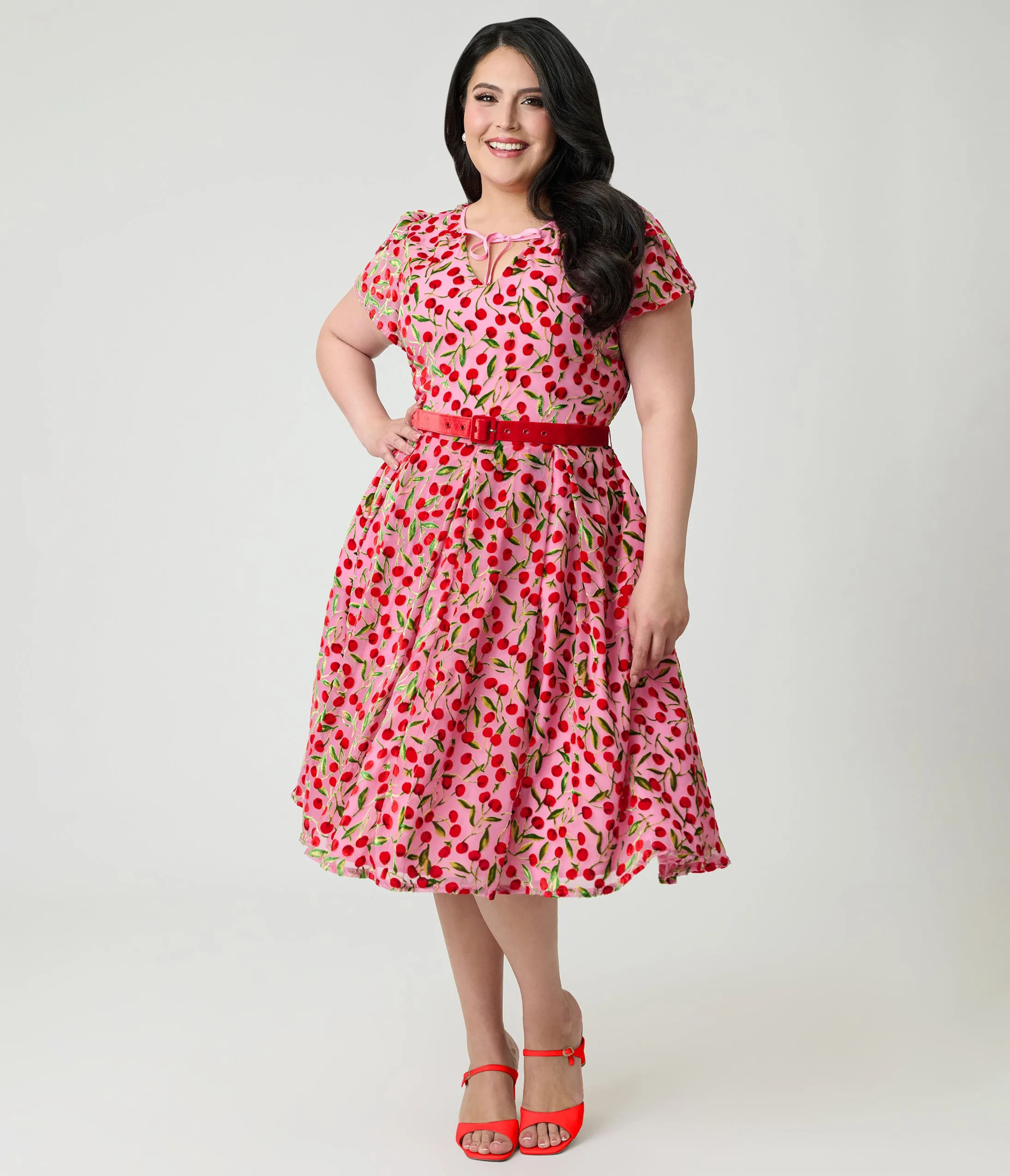 Unique Vintage Plus Size Pink Velvet Cherries Dahlia Swing Dress sold by Unique Vintage product image thumbnail 4