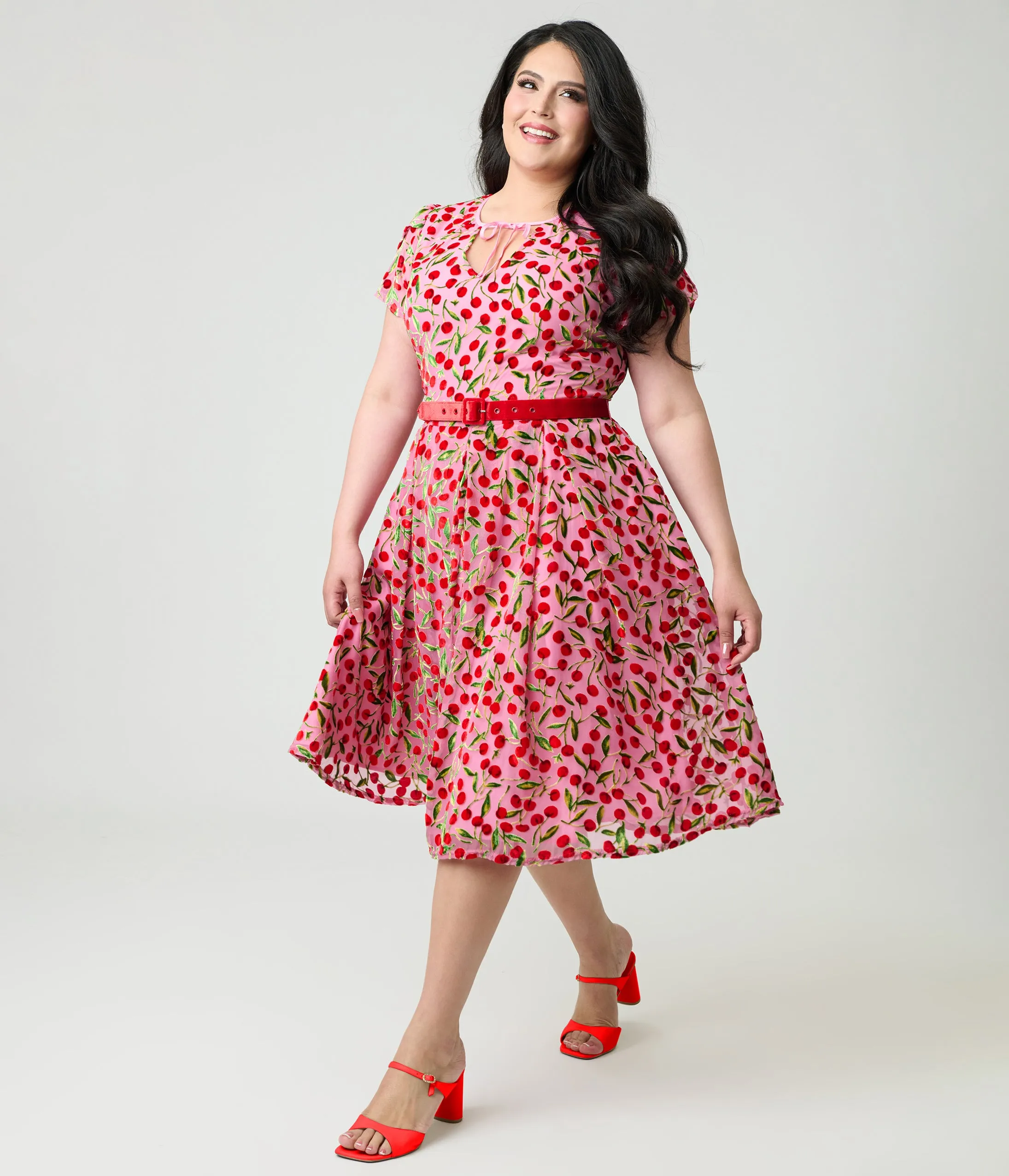 Unique Vintage Plus Size Pink Velvet Cherries Dahlia Swing Dress sold by Unique Vintage