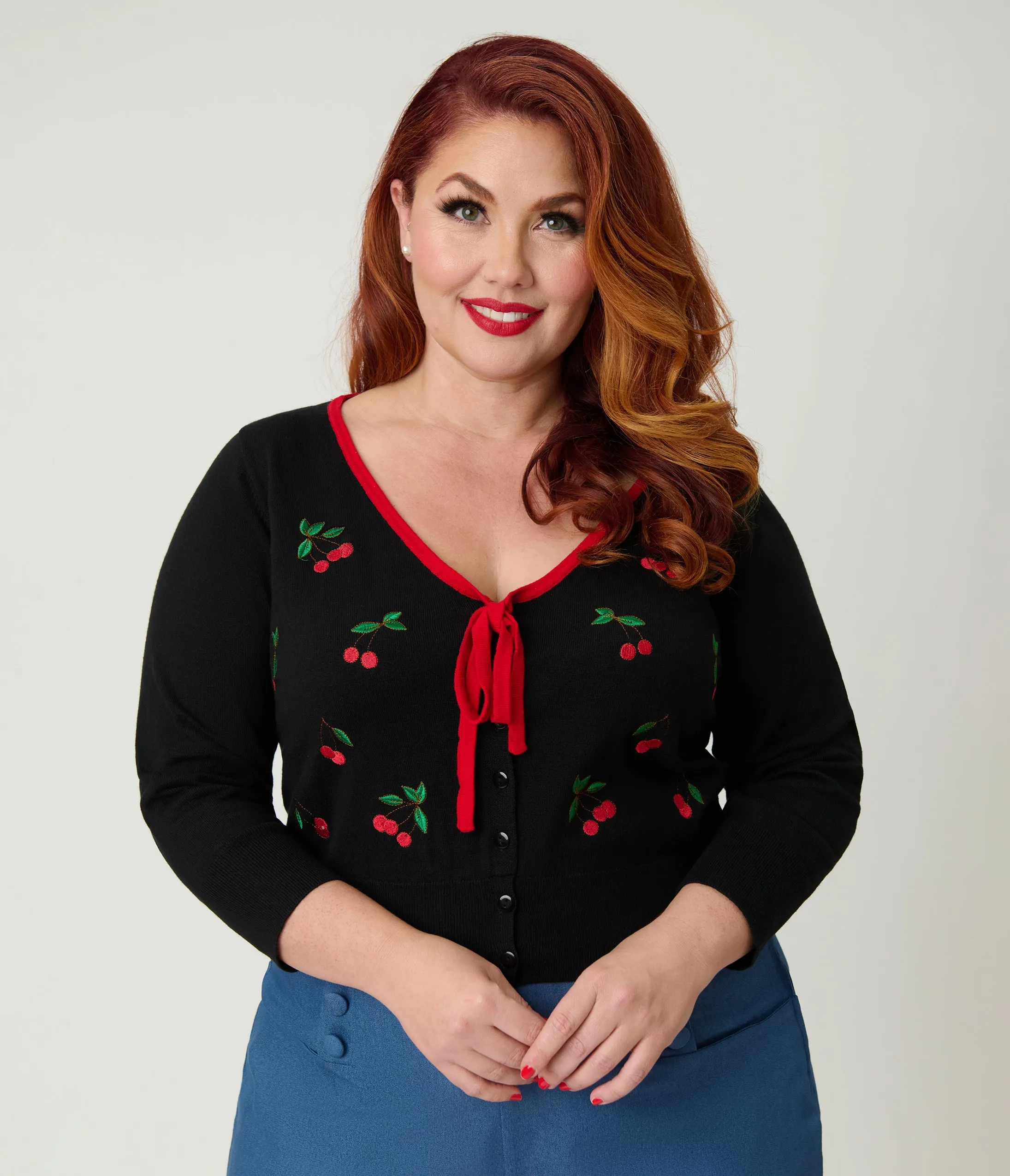 Unique Vintage Plus Size Black & Cherries Cardigan sold by Unique Vintage