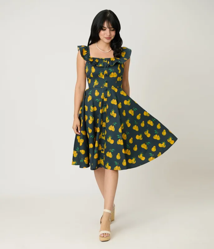 Magnolia Place Black & Yellow Pear Print Barbara Swing Dress sold by Unique Vintage