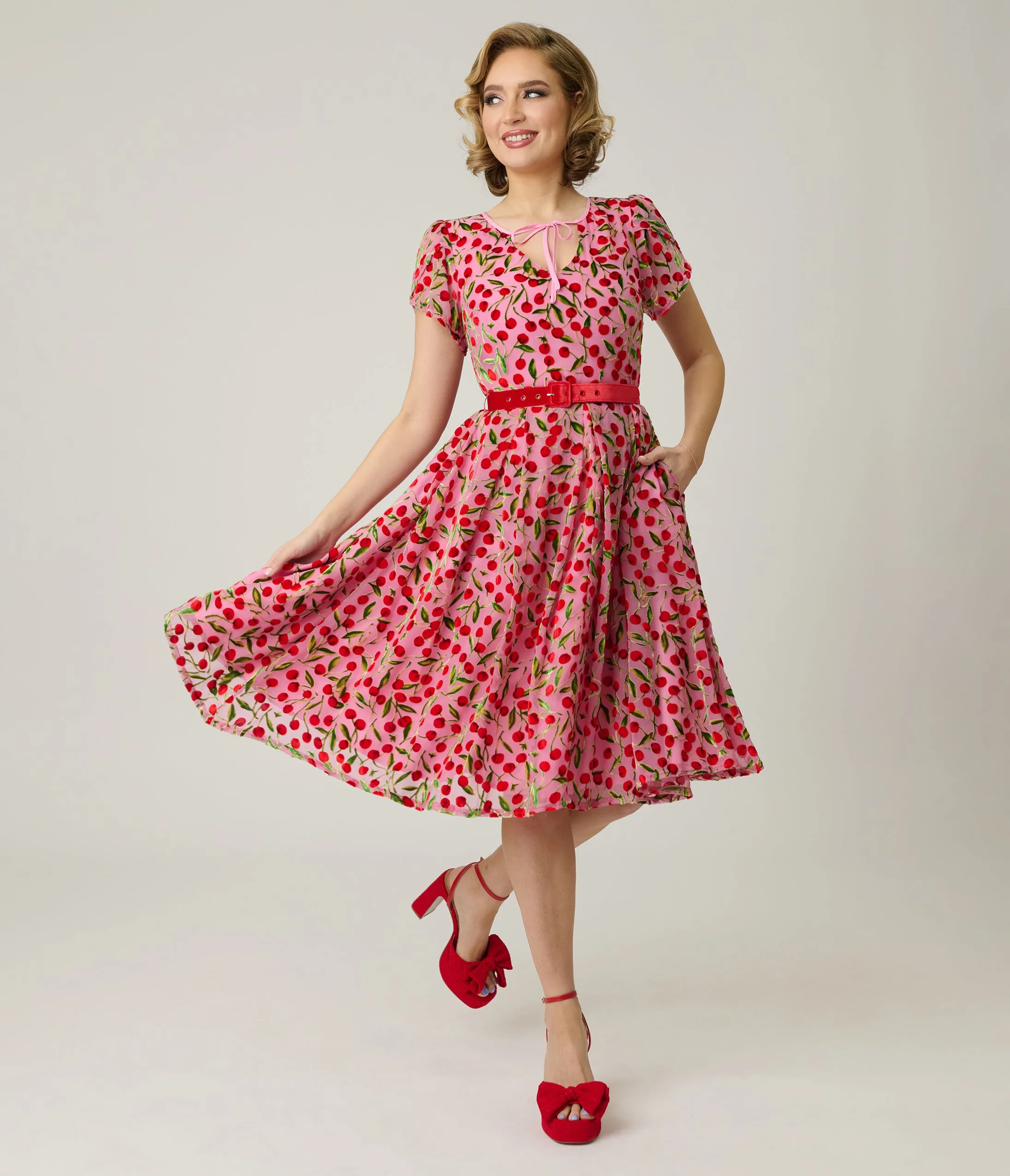 Unique Vintage Pink Velvet Cherries Dahlia Swing Dress sold by Unique Vintage product image thumbnail 4