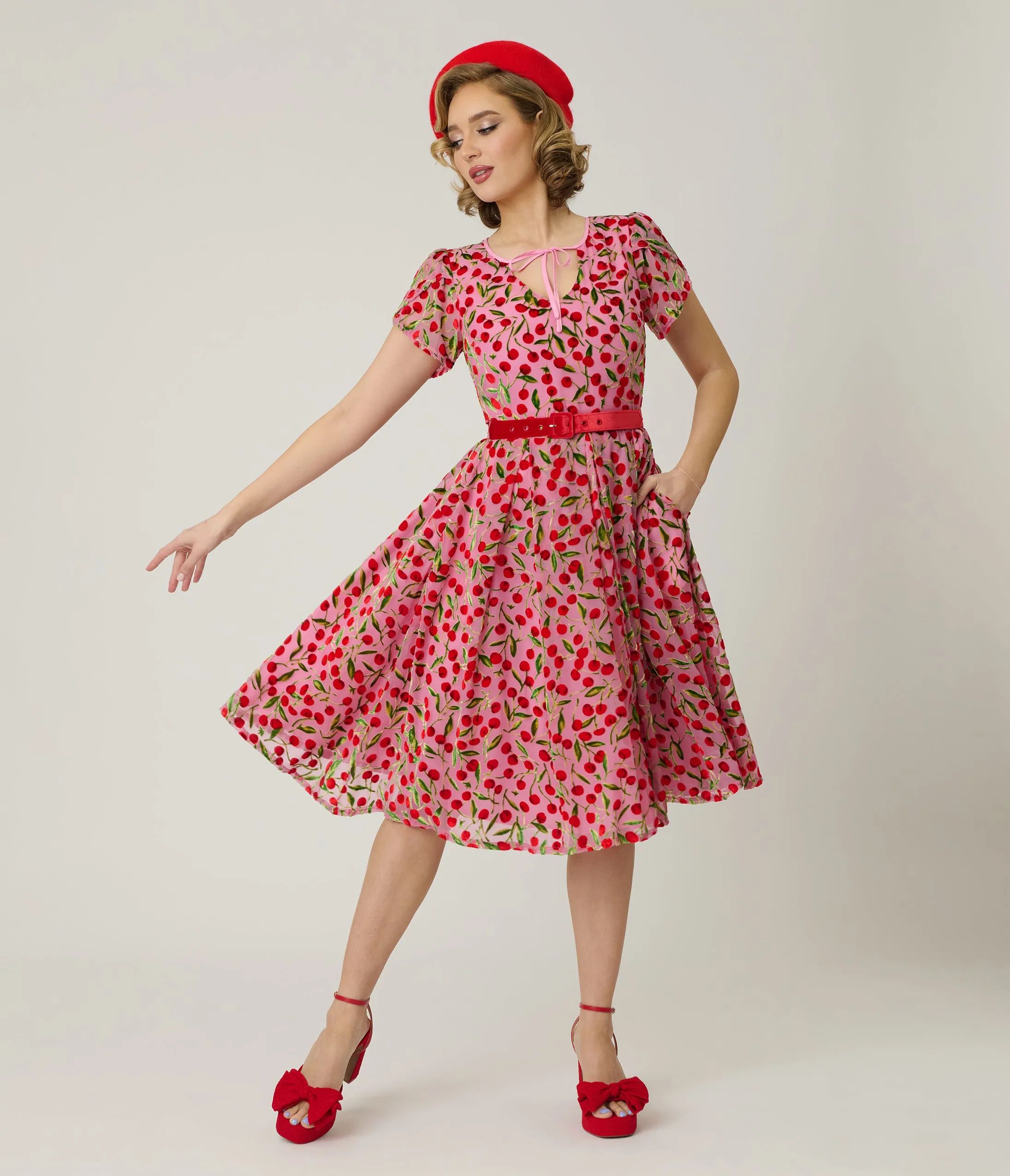 Unique Vintage Pink Velvet Cherries Dahlia Swing Dress sold by Unique Vintage