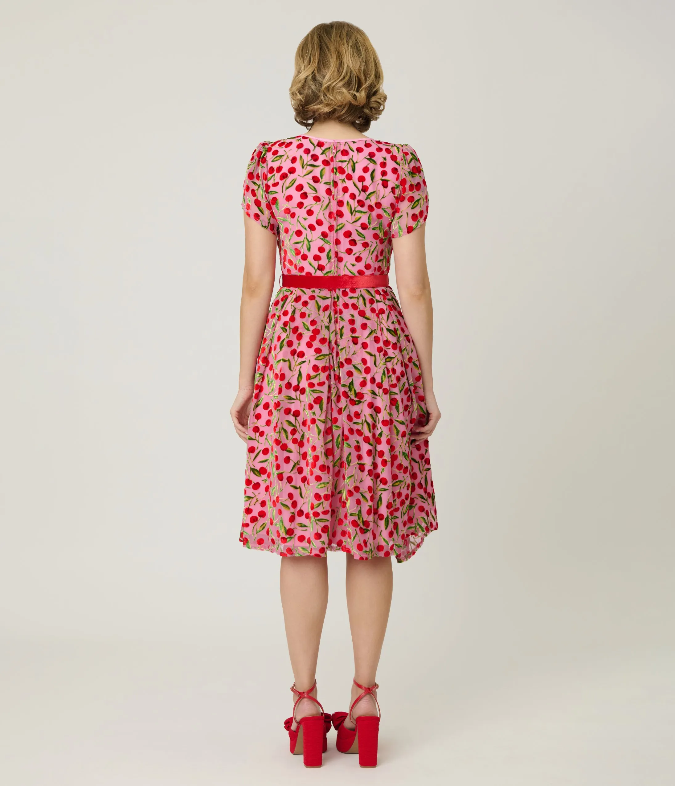 Unique Vintage Pink Velvet Cherries Dahlia Swing Dress sold by Unique Vintage product image thumbnail 2
