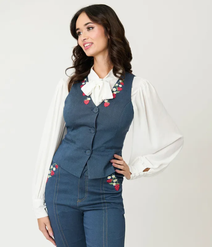 Unique Vintage 1940s Denim Embroidered Button Up Vest made by Unique Vintage
