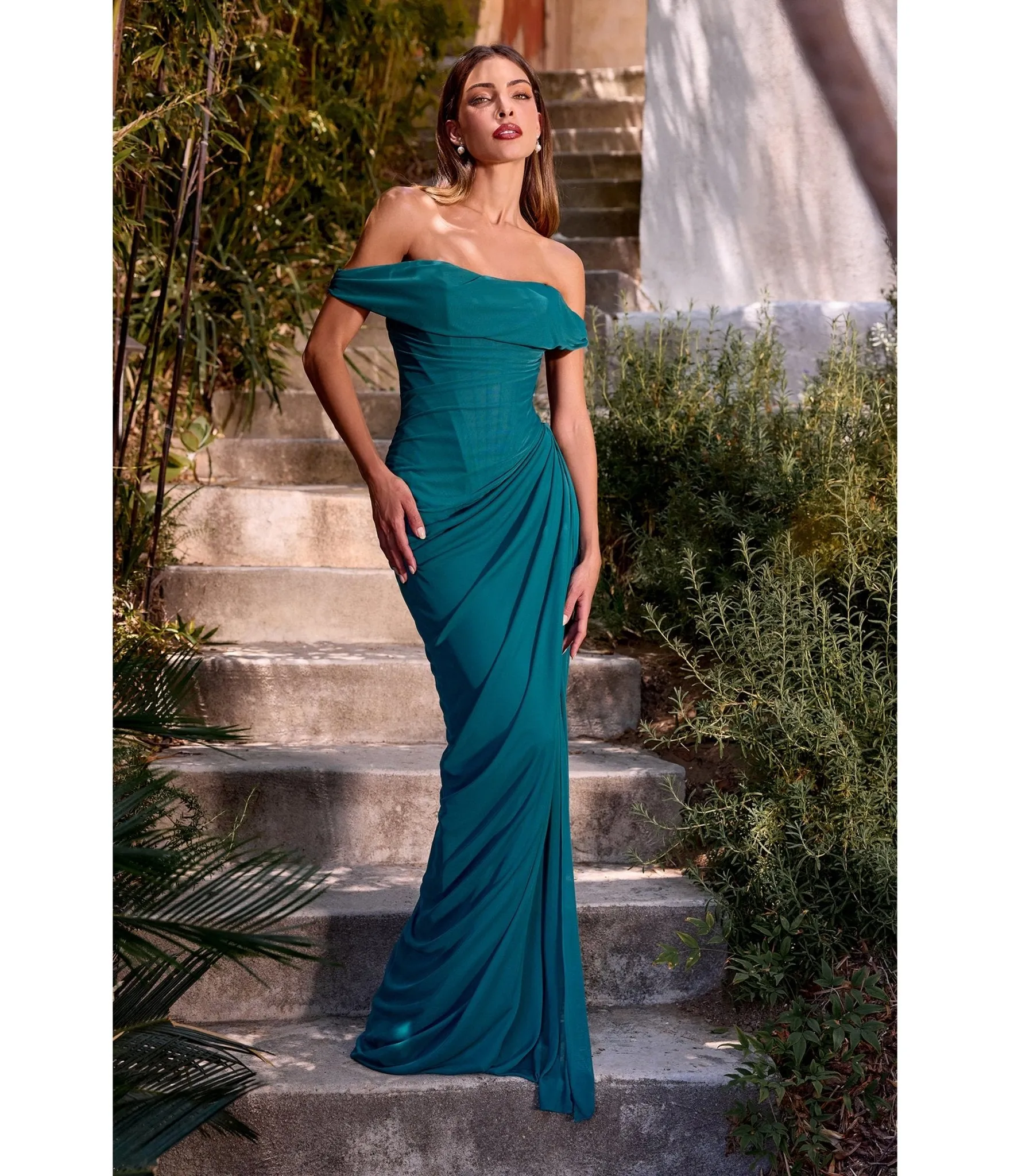 LaDivine by Cinderella Divine Teal Draped Off-Shoulder Evening Dress sold by Unique Vintage