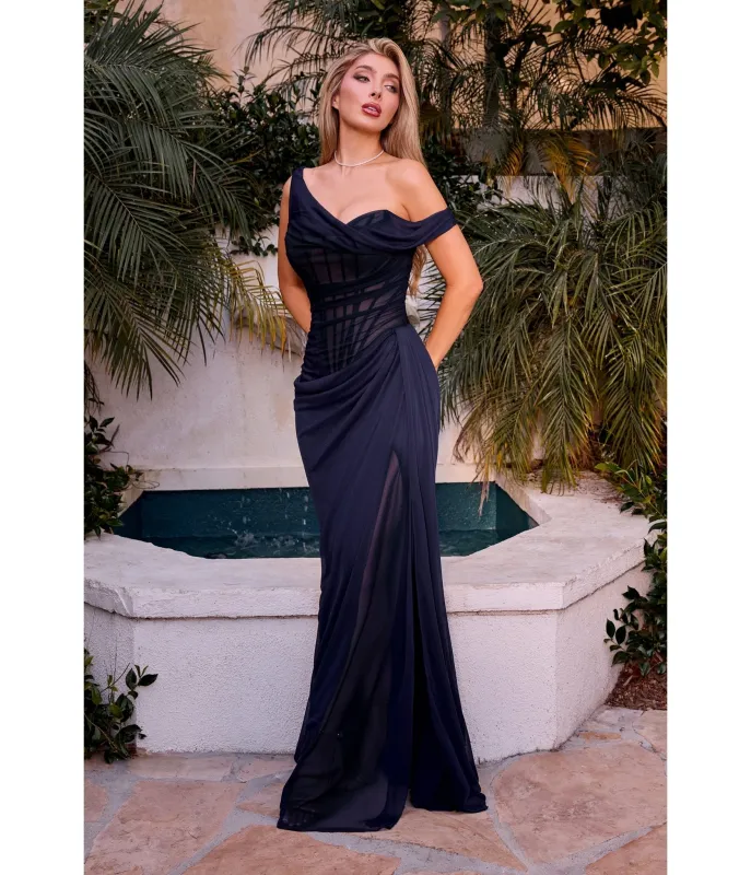 LaDivine by Cinderella Divine Navy Draped Off-Shoulder Evening Dress sold by Unique Vintage