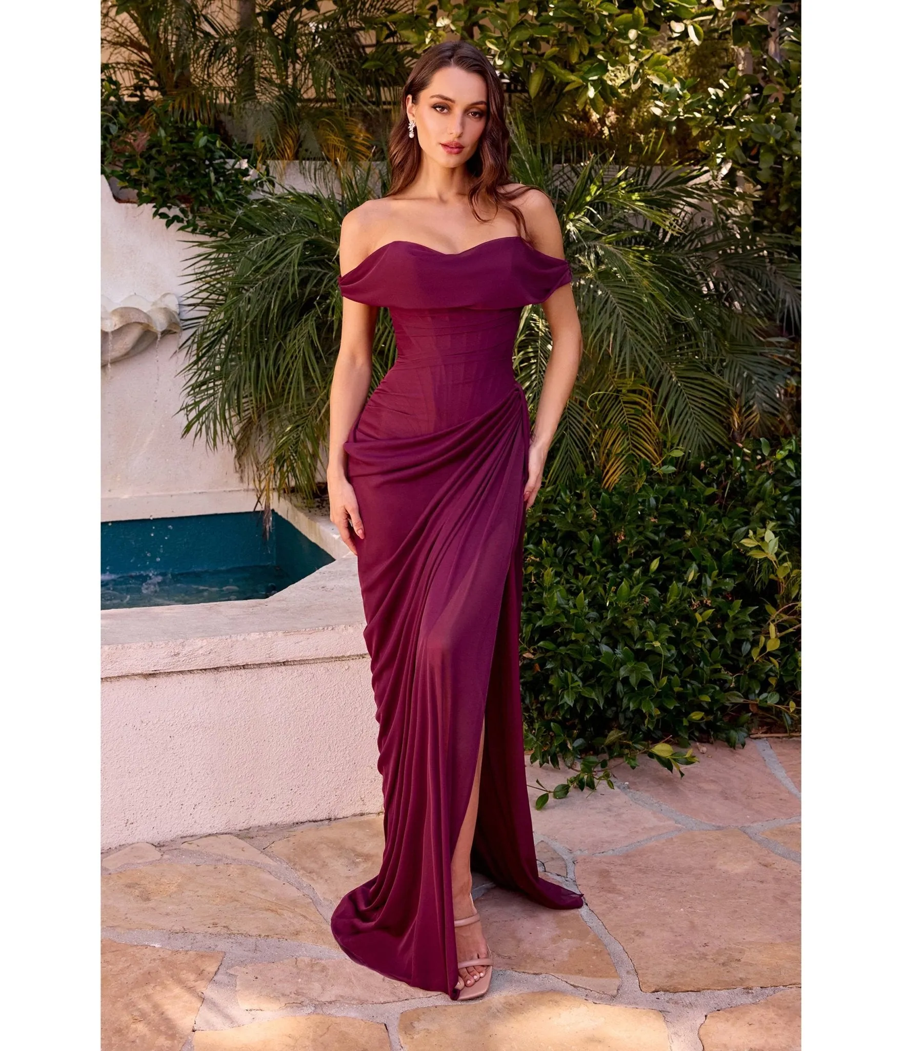 LaDivine by Cinderella Divine Mulberry Draped Off-Shoulder Evening Dress sold by Unique Vintage