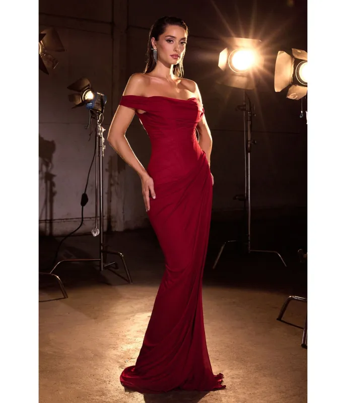 LaDivine by Cinderella Divine Burgundy Draped Off-Shoulder Evening Dress sold by Unique Vintage