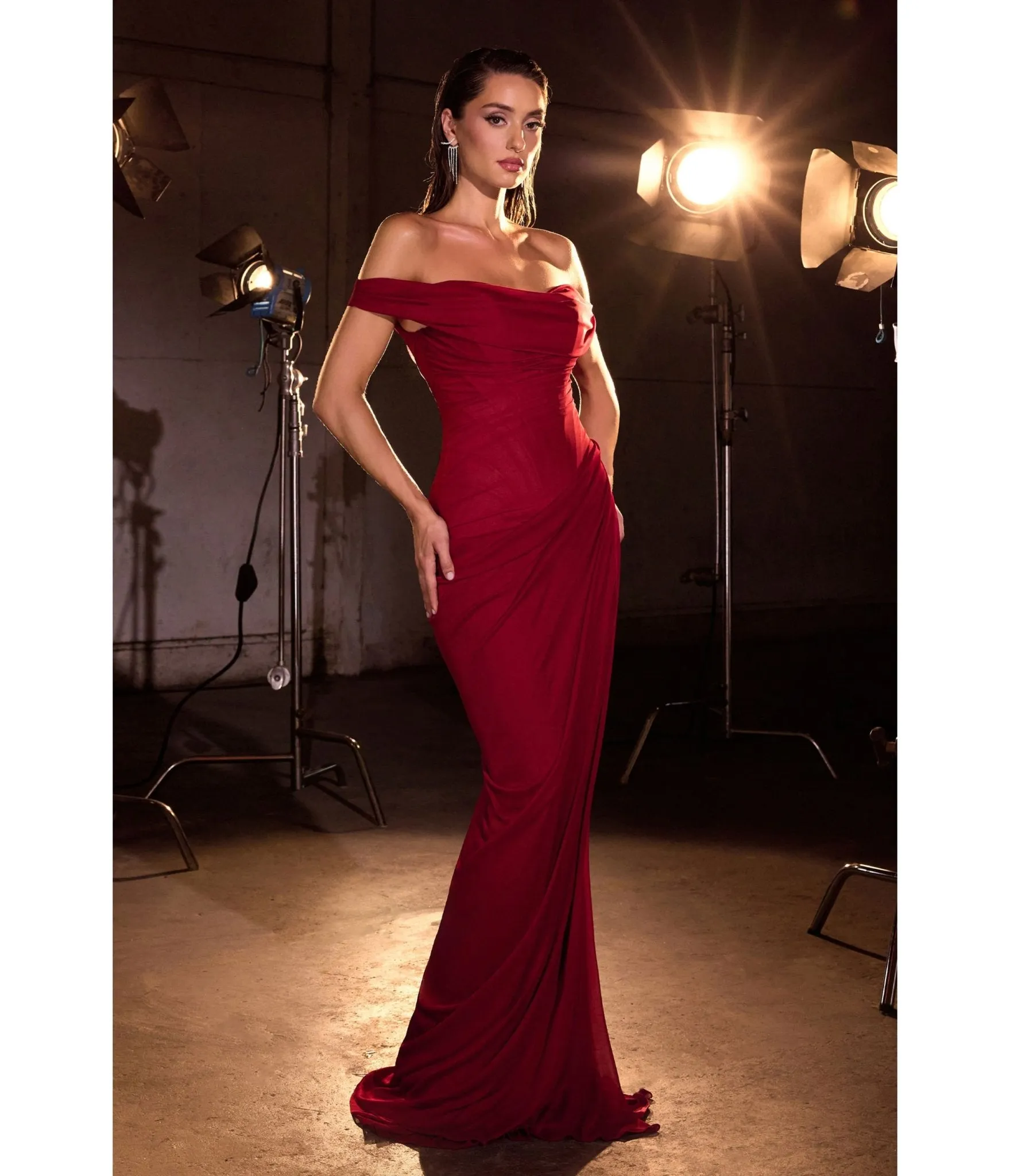 LaDivine by Cinderella Divine Burgundy Draped Off-Shoulder Evening Dress sold by Unique Vintage