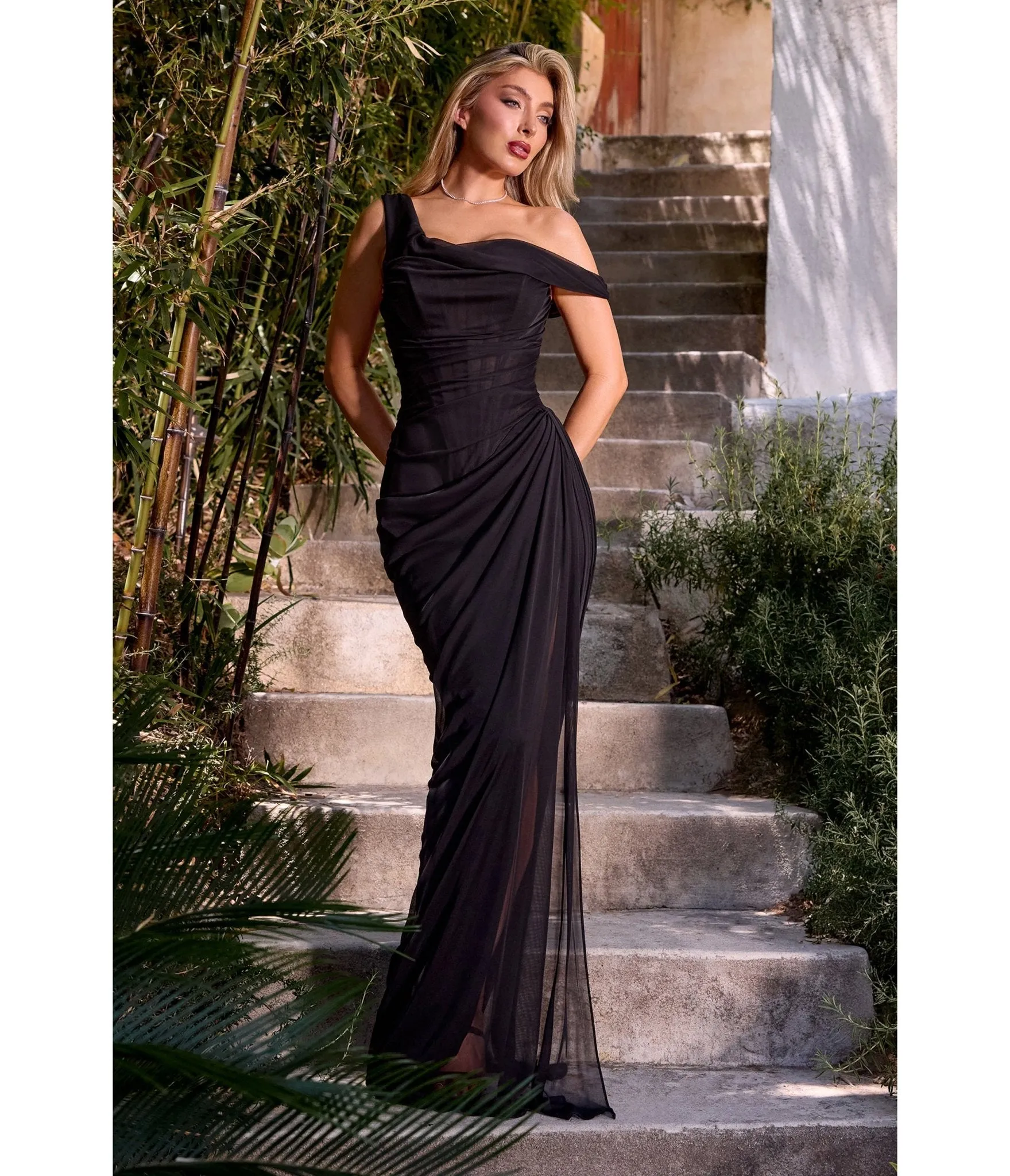LaDivine by Cinderella Divine Black Draped Off-Shoulder Evening Dress sold by Unique Vintage
