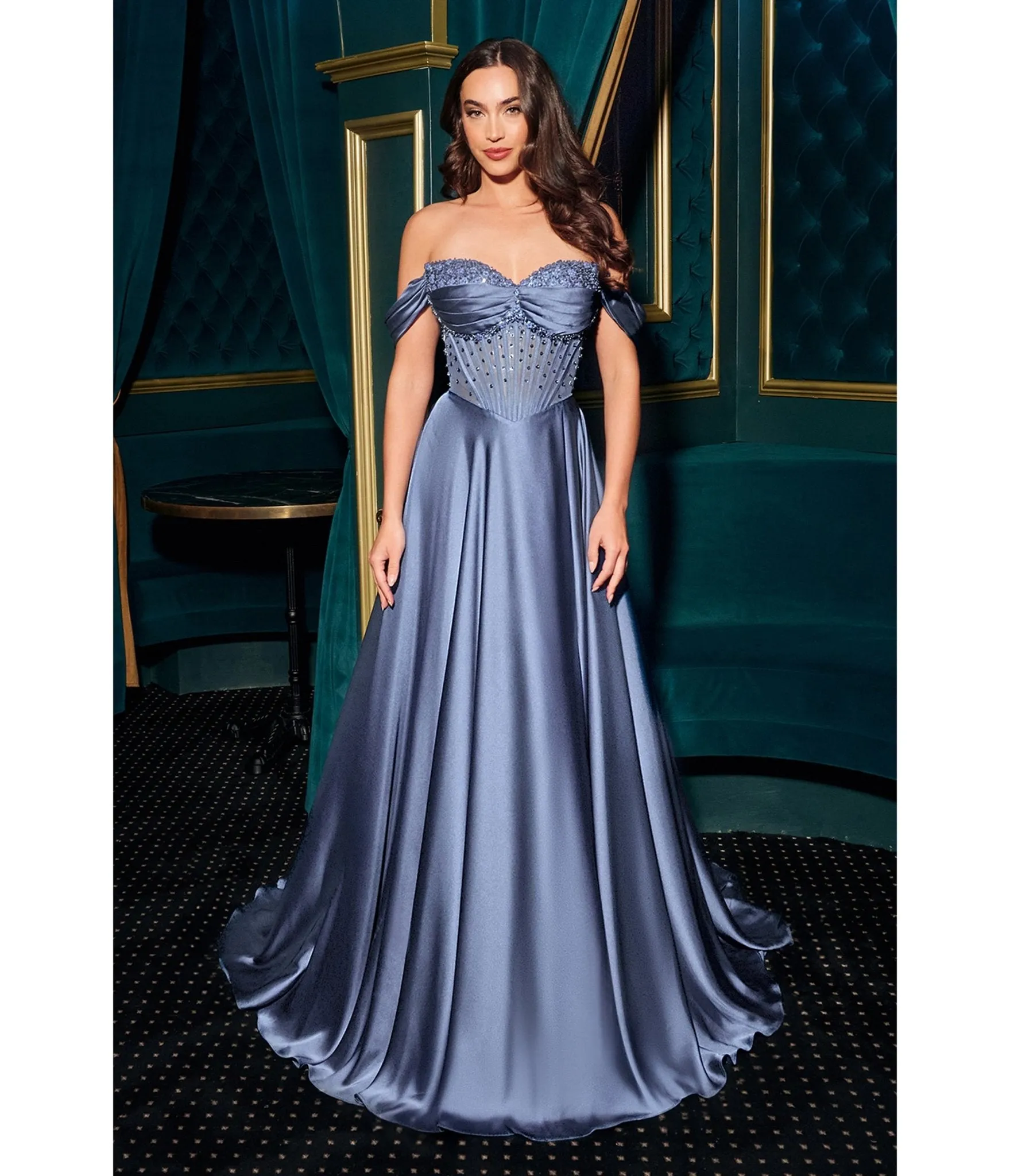 LaDivine by Cinderella Divine Smoky Blue Strapless Sweetheart Evening Gown with Ruched Skirt sold by Unique Vintage
