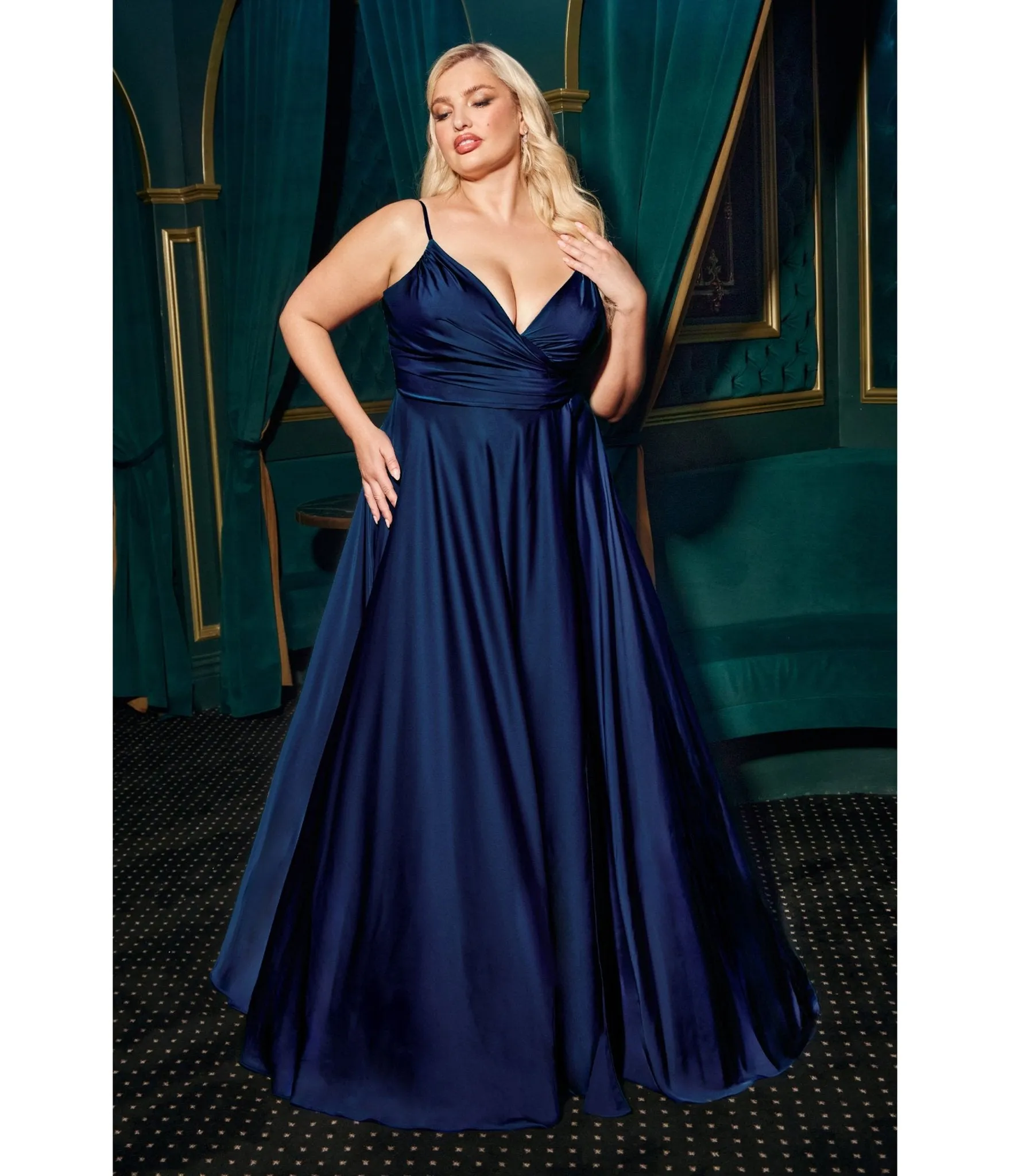 LaDivine by Cinderella Divine Navy Plus Satin Sweatheart Neck Gown sold by Unique Vintage