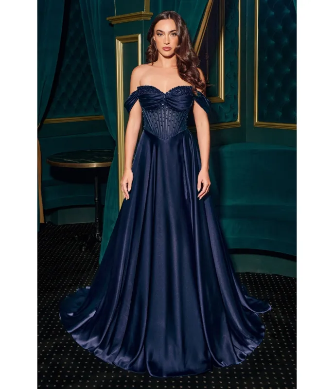 LaDivine by Cinderella Divine Navy Strapless Sweetheart Evening Gown with Ruched Skirt sold by Unique Vintage