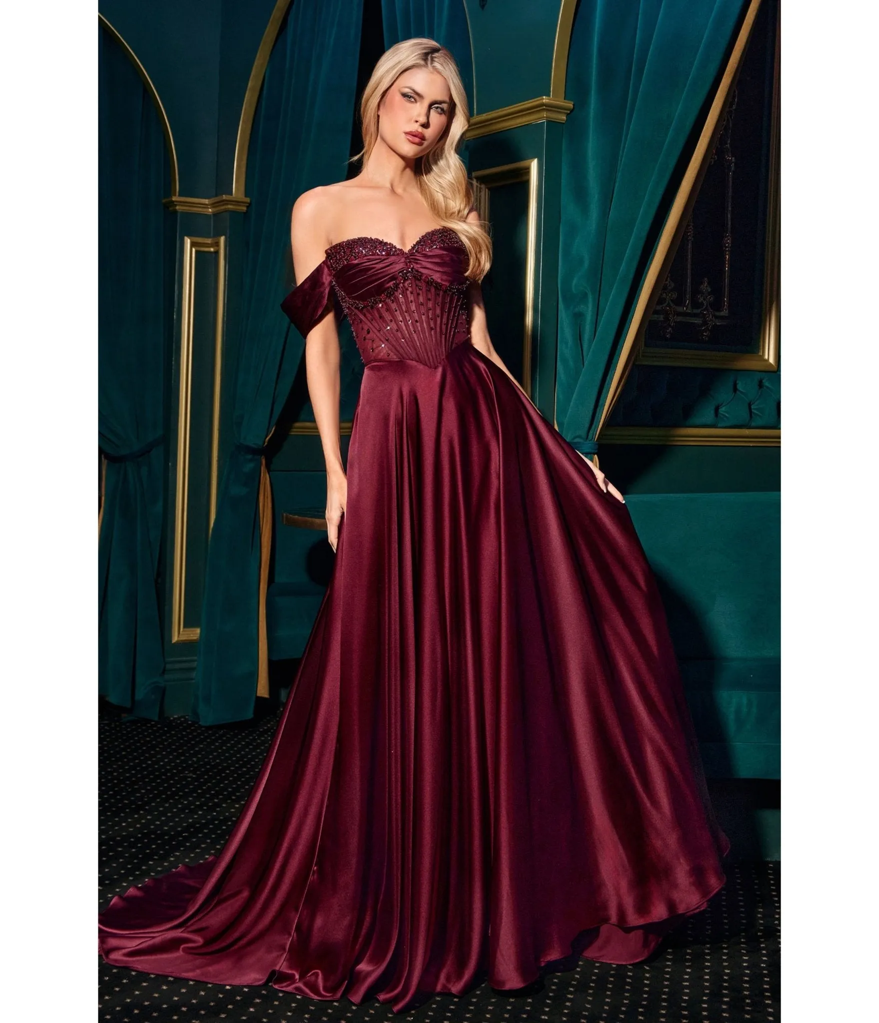 LaDivine by Cinderella Divine Burgundy Strapless Sweetheart Evening Gown with Ruched Skirt sold by Unique Vintage