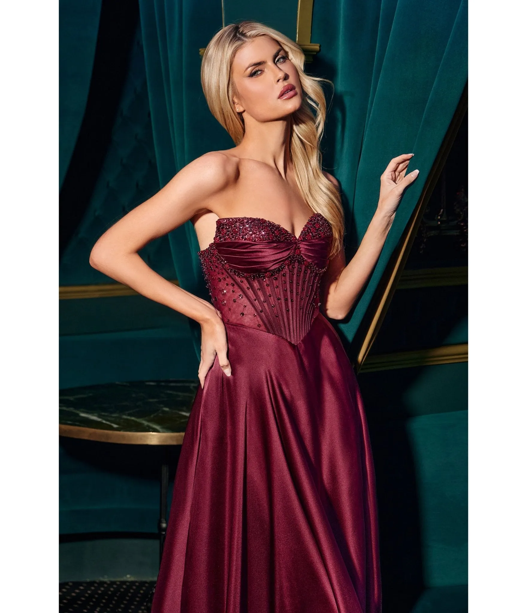 LaDivine by Cinderella Divine Burgundy Strapless Sweetheart Evening Gown with Ruched Skirt sold by Unique Vintage product image thumbnail 2