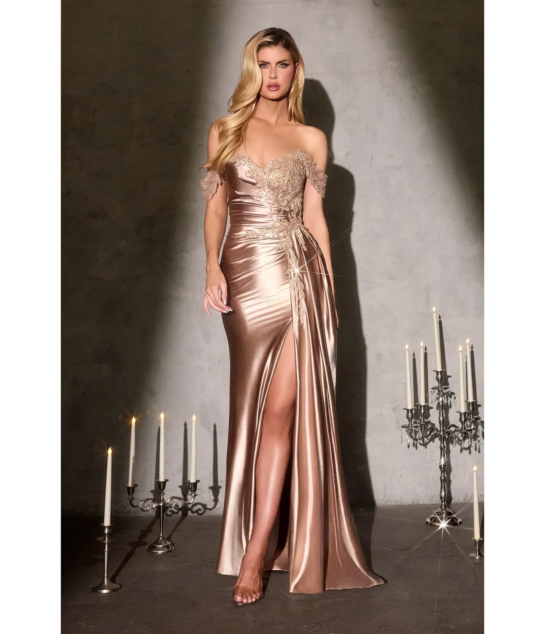 LaDivine by Cinderella Divine Mocha Gold Off-Shoulder Sweetheart Neck Ruched Gown sold by Unique Vintage product image thumbnail 2