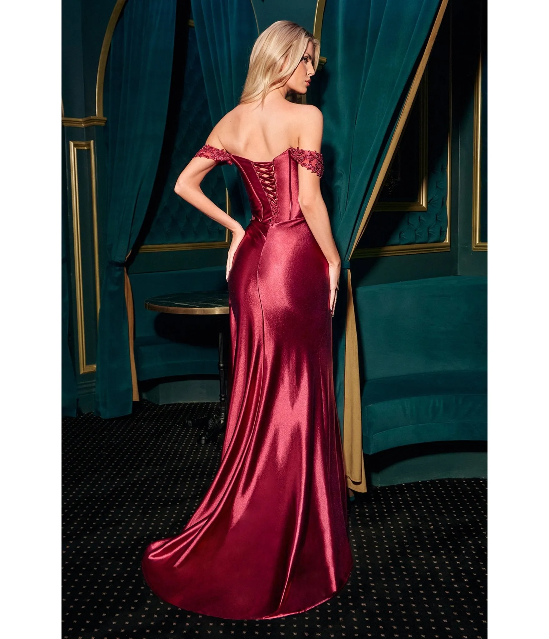 LaDivine by Cinderella Divine Burgundy Off-Shoulder Sweetheart Neck Ruched Gown sold by Unique Vintage product image thumbnail 2