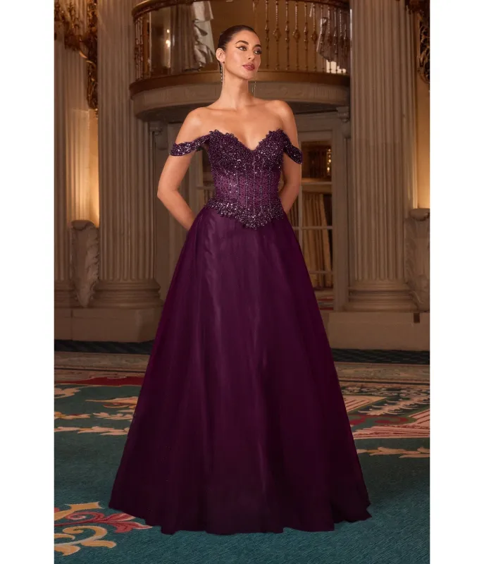 LaDivine by Cinderella Divine Dark Plum Off-Shoulder Sweatheart Neck Gown sold by Unique Vintage