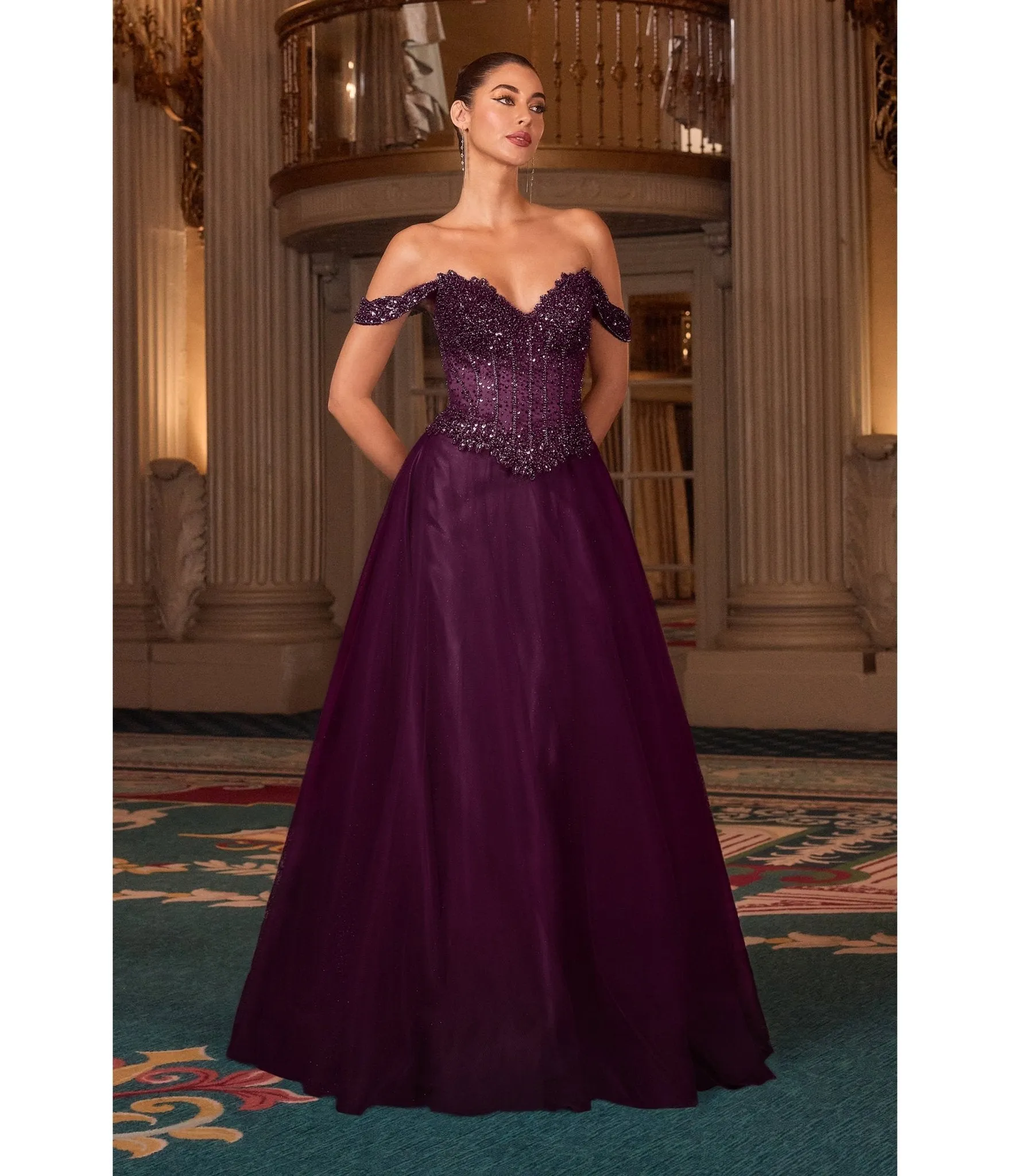 LaDivine by Cinderella Divine Dark Plum Off-Shoulder Sweatheart Neck Gown sold by Unique Vintage