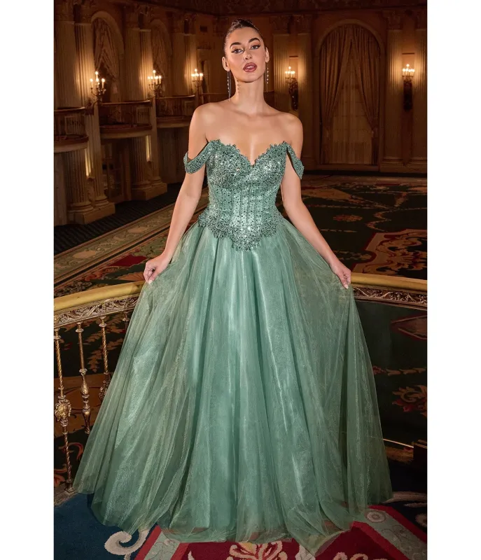 LaDivine by Cinderella Divine Dark Sage Off-Shoulder Sweatheart Neck Gown sold by Unique Vintage