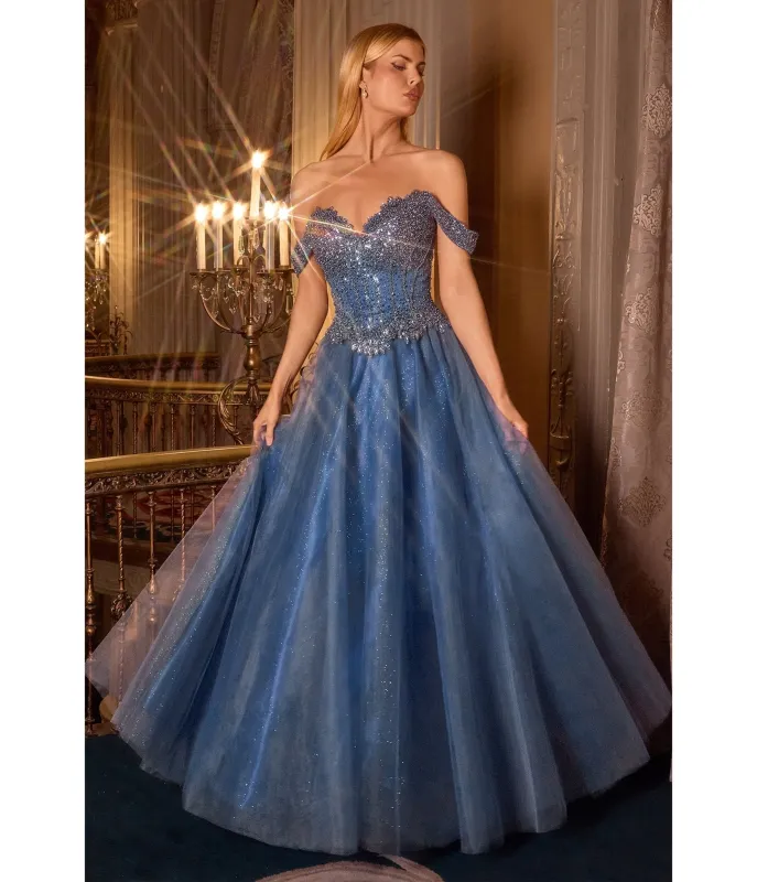 LaDivine by Cinderella Divine Cobalt Off-Shoulder Sweatheart Neck Gown sold by Unique Vintage