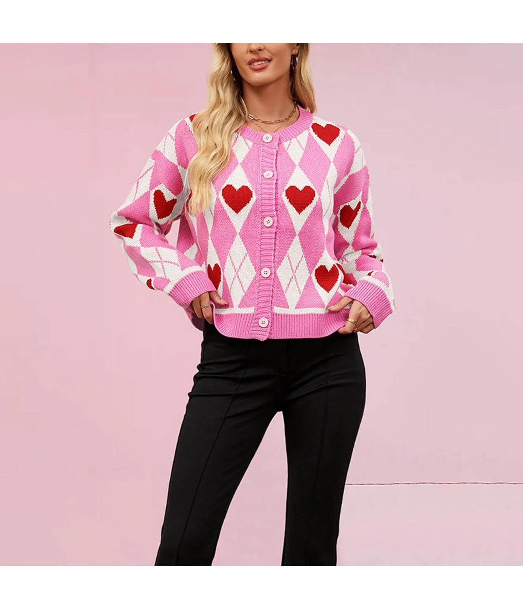 Pink & White Argyle Heart Cardigan sold by Unique Vintage