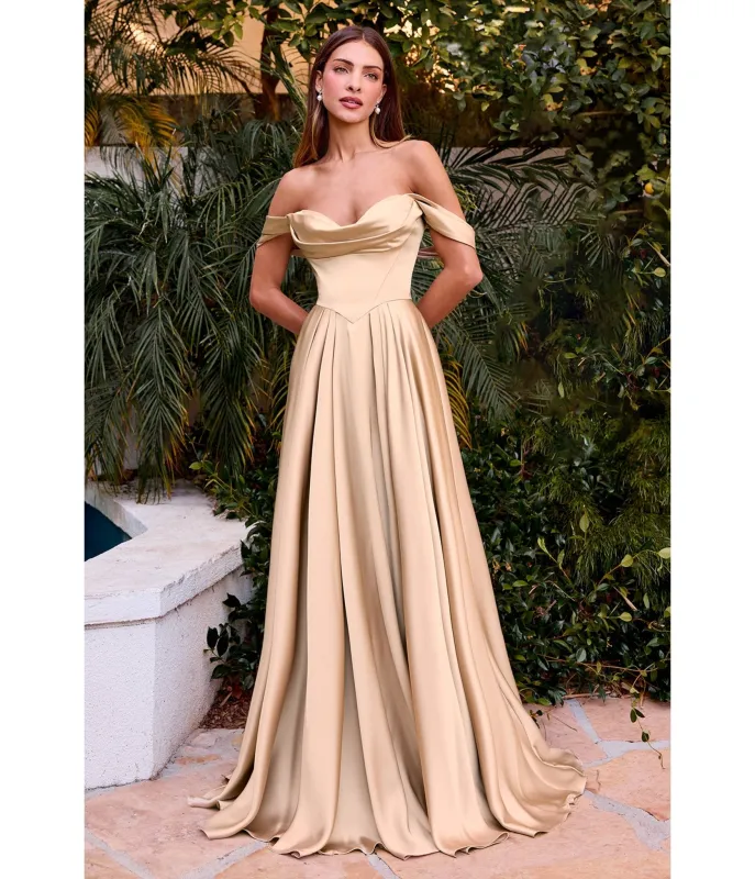 LaDivine by Cinderella Divine Champagne Satin Off-Shoulder Pleated Neck Gown sold by Unique Vintage