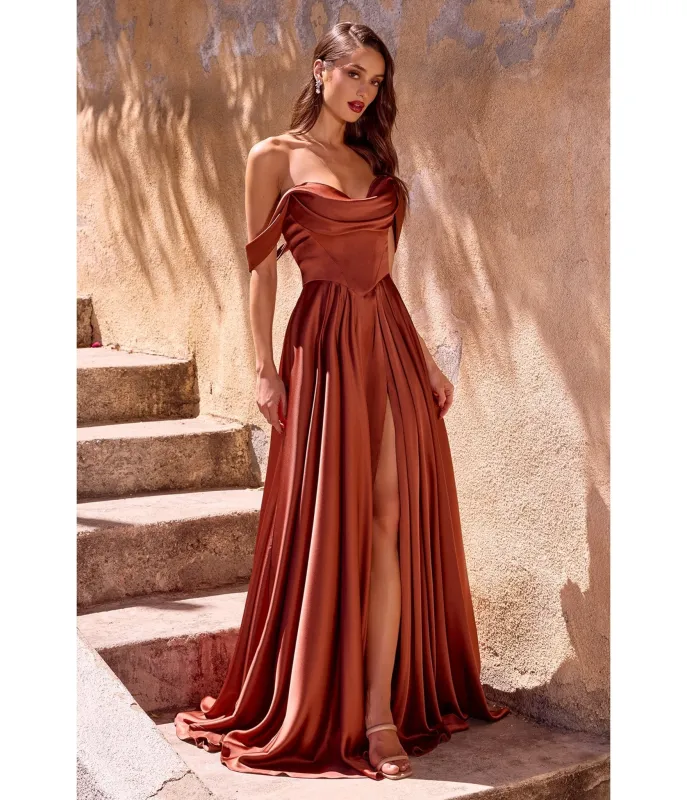 LaDivine by Cinderella Divine Sienna Satin Off-Shoulder Pleated Neck Gown sold by Unique Vintage