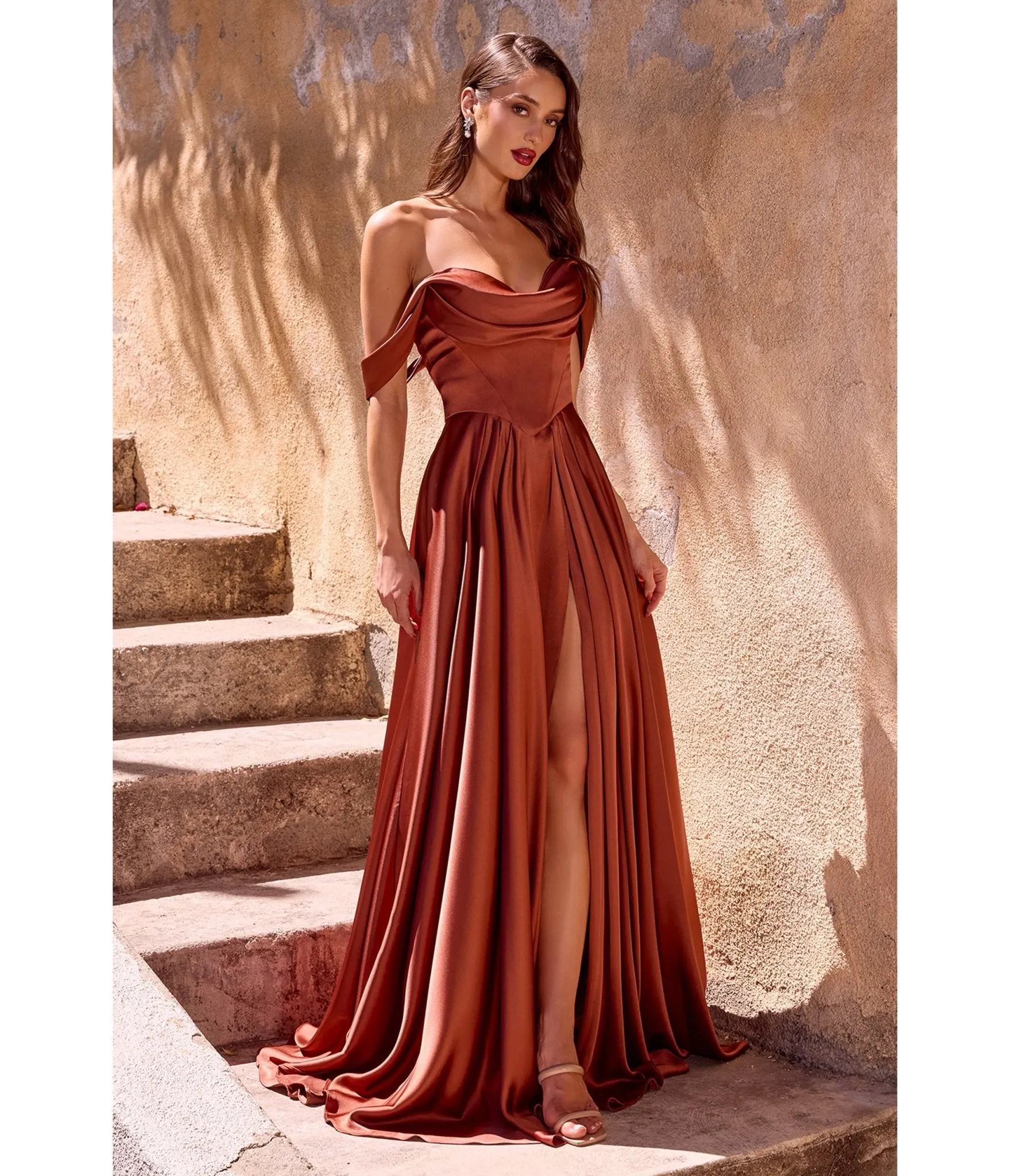 LaDivine by Cinderella Divine Sienna Satin Off-Shoulder Pleated Neck Gown sold by Unique Vintage