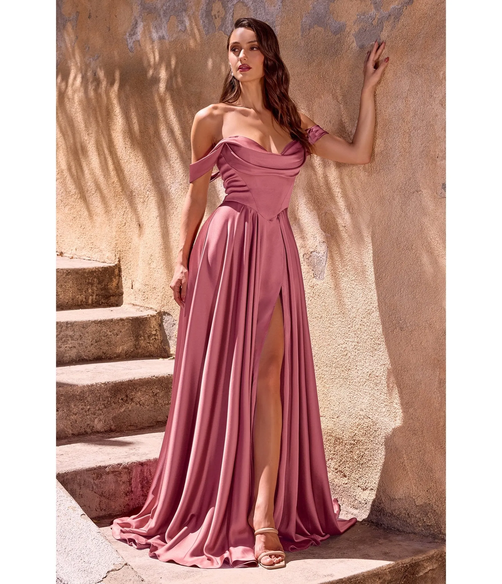 LaDivine by Cinderella Divine Mauve Rose Satin Off-Shoulder Pleated Neck Gown sold by Unique Vintage