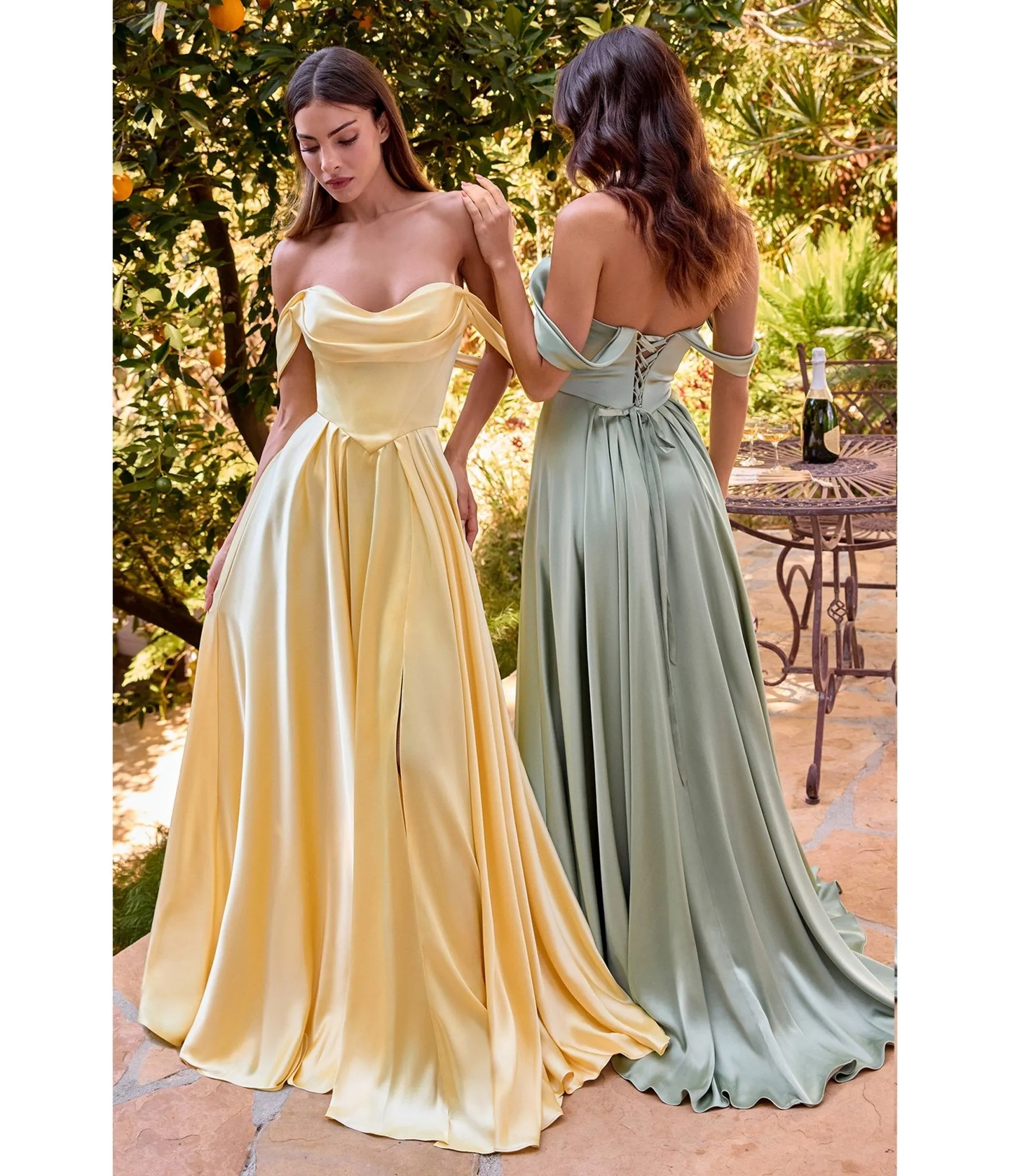 LaDivine by Cinderella Divine Light Yellow Satin Off-Shoulder Pleated Neck Gown sold by Unique Vintage product image thumbnail 2