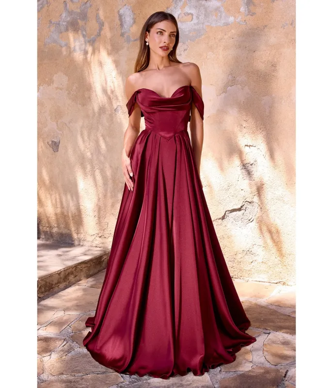 LaDivine by Cinderella Divine Burgundy Satin Off-Shoulder Pleated Neck Gown sold by Unique Vintage