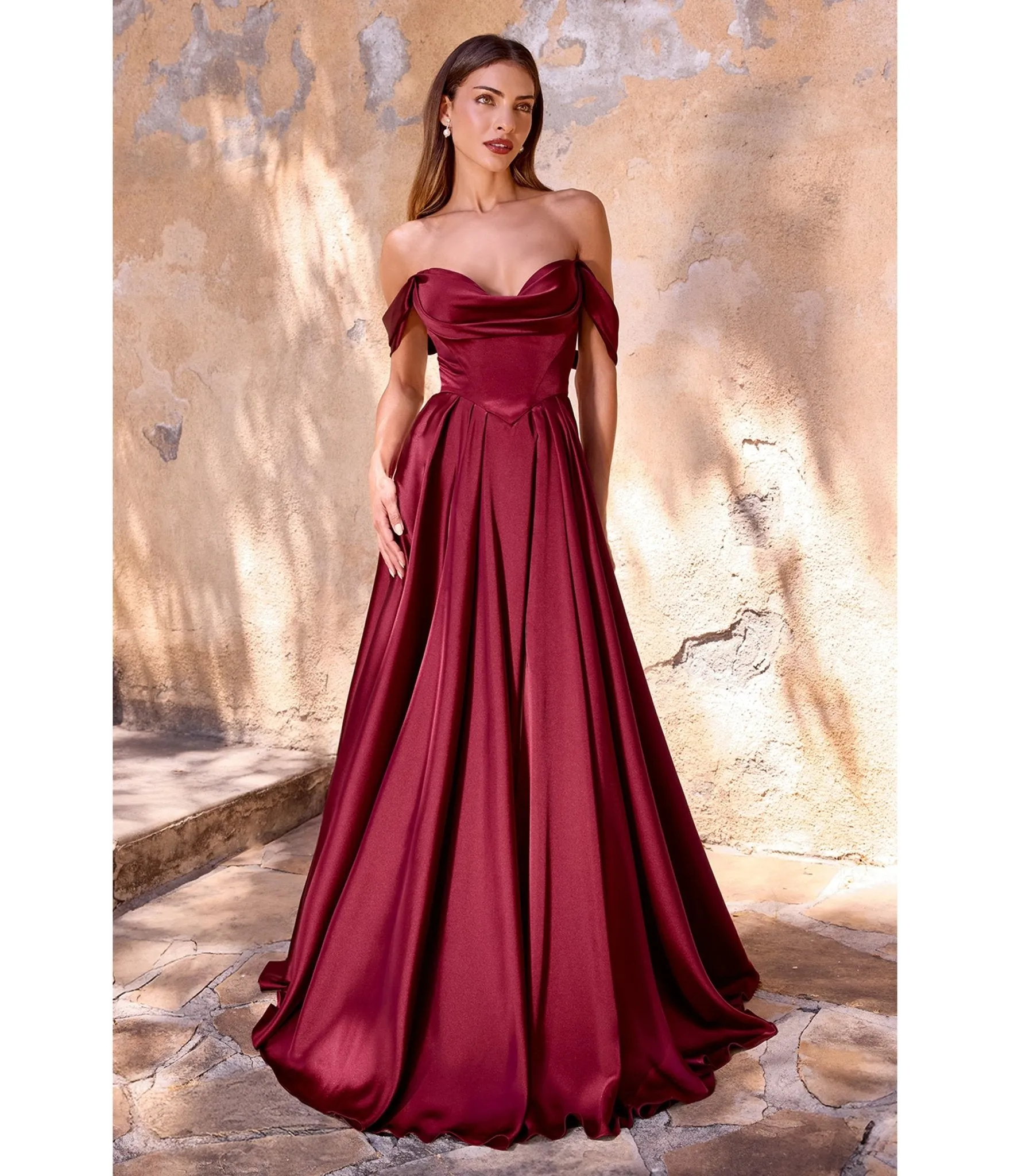 LaDivine by Cinderella Divine Burgundy Satin Off-Shoulder Pleated Neck Gown sold by Unique Vintage