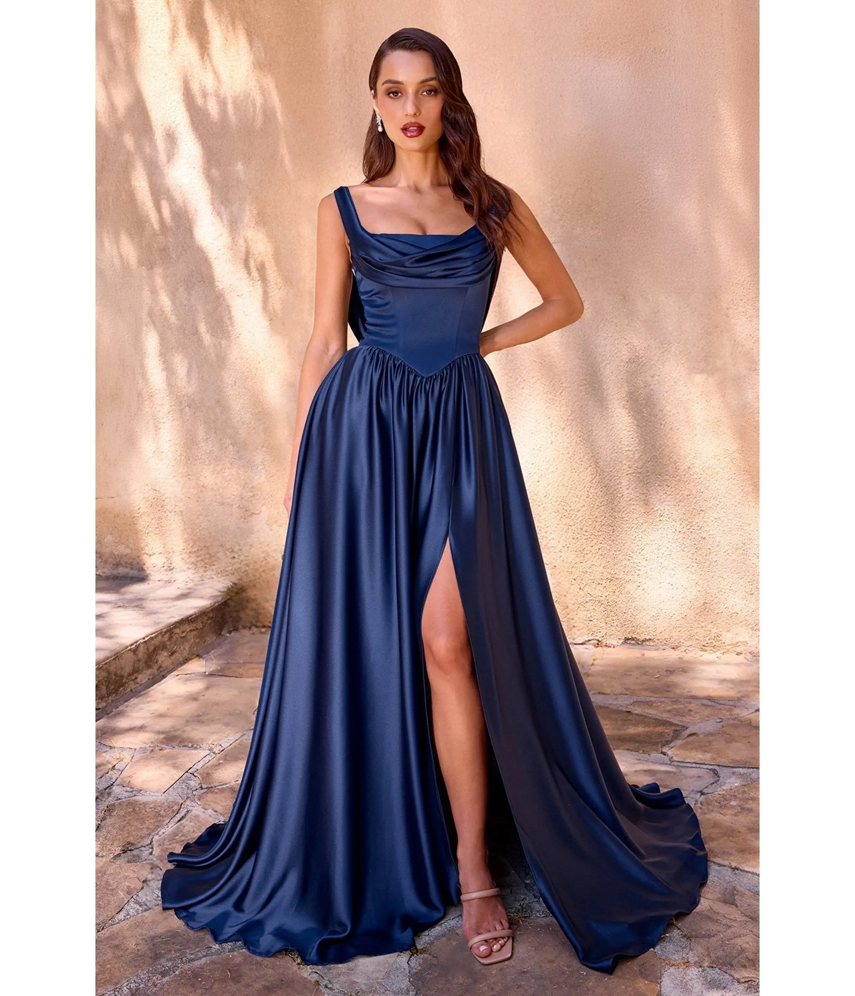 LaDivine by Cinderella Divine Navy Satin Cowl Neck Gown sold by Unique Vintage