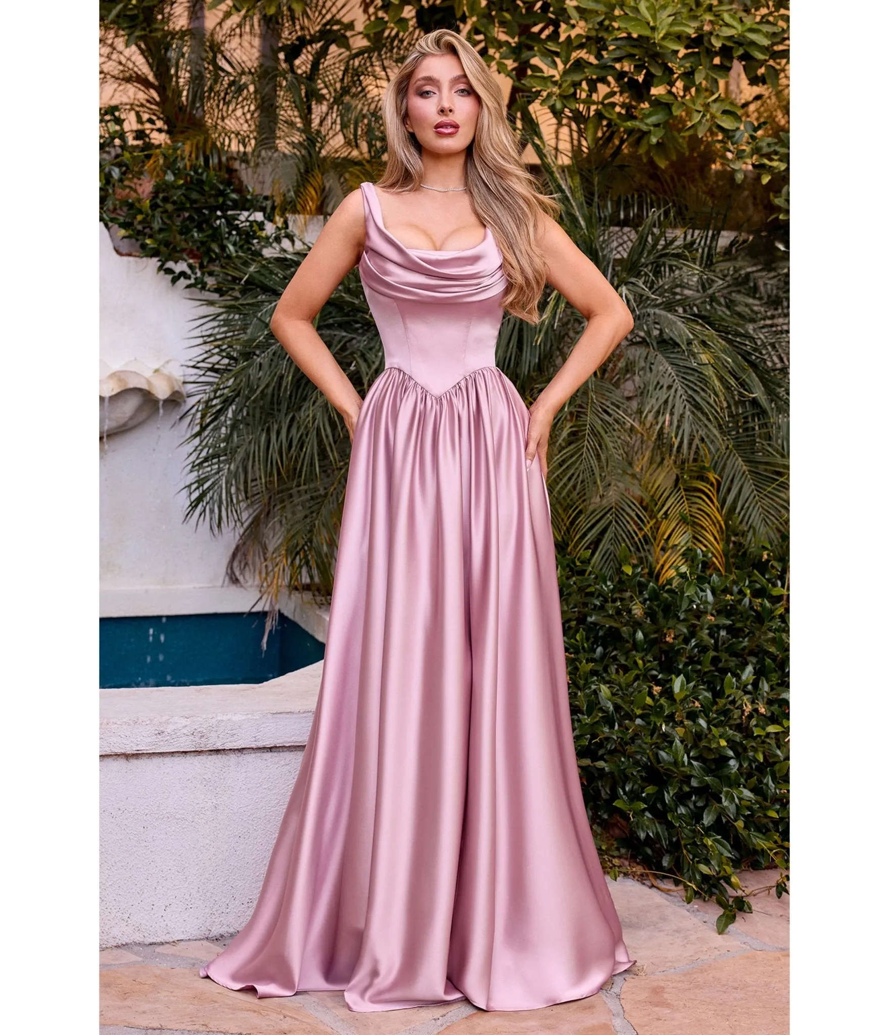 LaDivine by Cinderella Divine Mauve Satin Cowl Neck Gown sold by Unique Vintage
