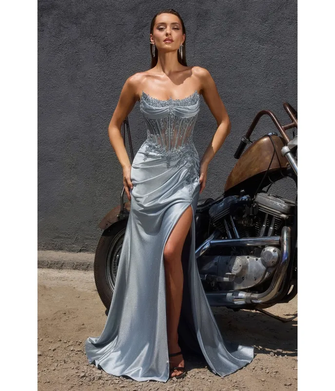 LaDivine by Cinderella Divine Smokey Blue Satin Sweatheart Sheer Beaded Neck Gown sold by Unique Vintage