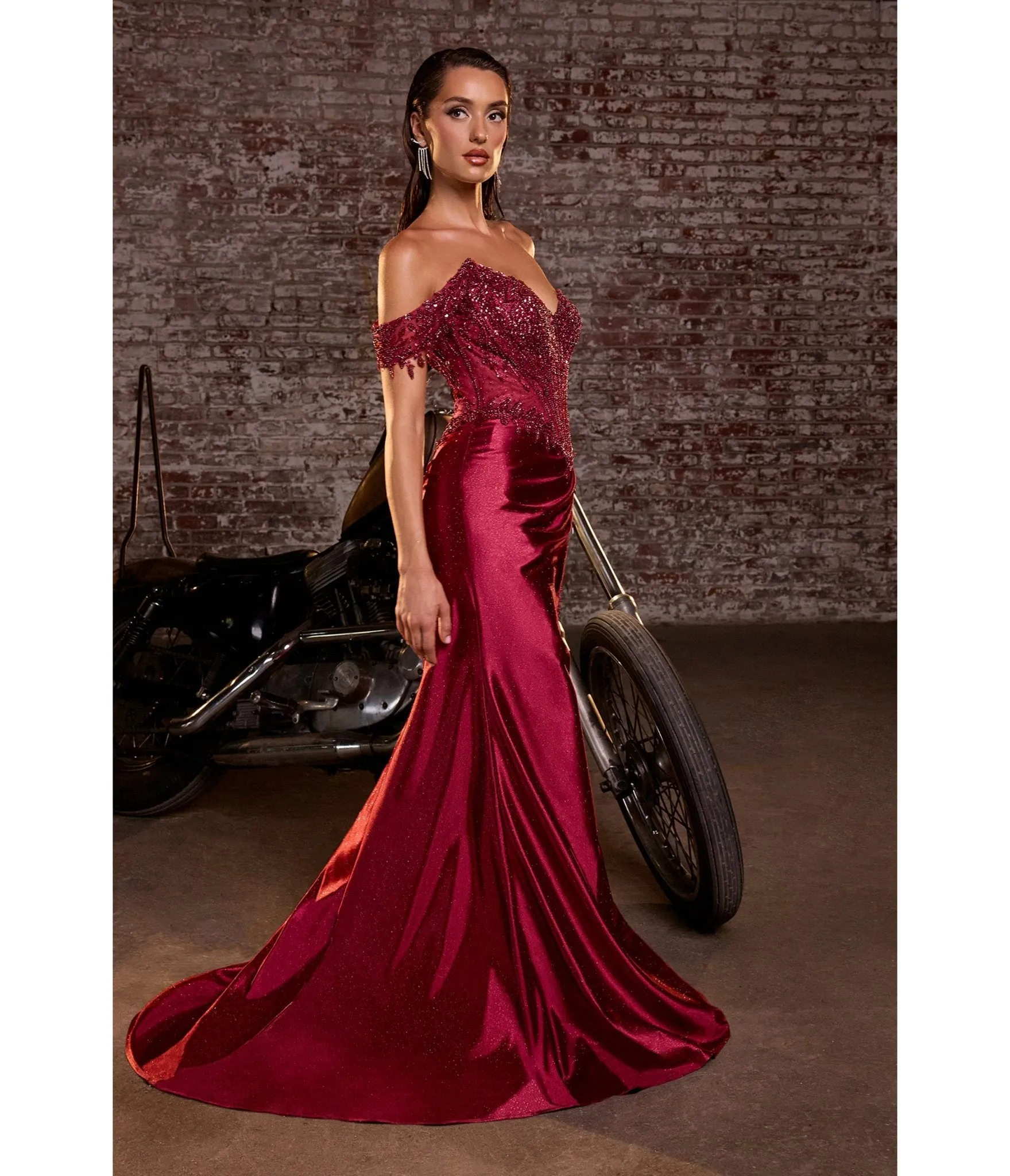 LaDivine by Cinderella Divine Wine Satin Off-Shoulder Sweatheart Neck Gown sold by Unique Vintage product image thumbnail 3