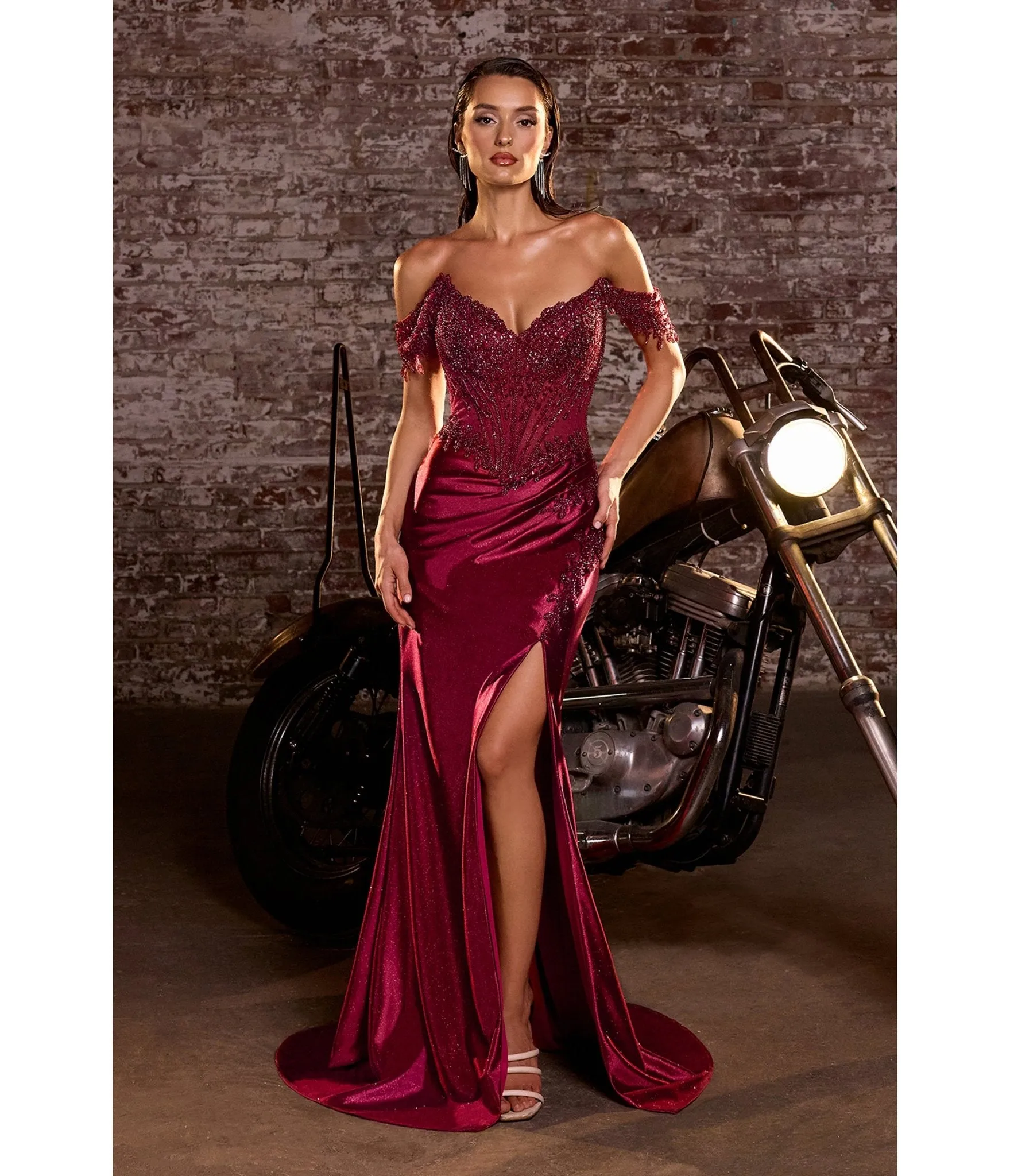 LaDivine by Cinderella Divine Wine Satin Off-Shoulder Sweatheart Neck Gown sold by Unique Vintage