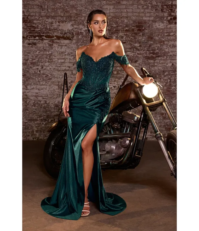 LaDivine by Cinderella Divine Peacock Satin Off-Shoulder Sweatheart Neck Gown sold by Unique Vintage