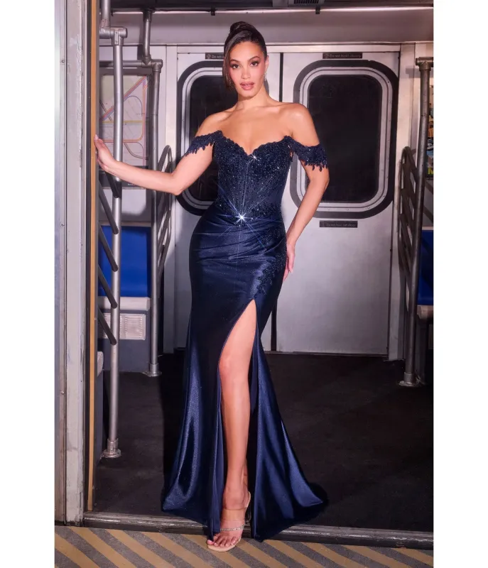 LaDivine by Cinderella Divine Navy Satin Off-Shoulder Sweatheart Neck Gown sold by Unique Vintage