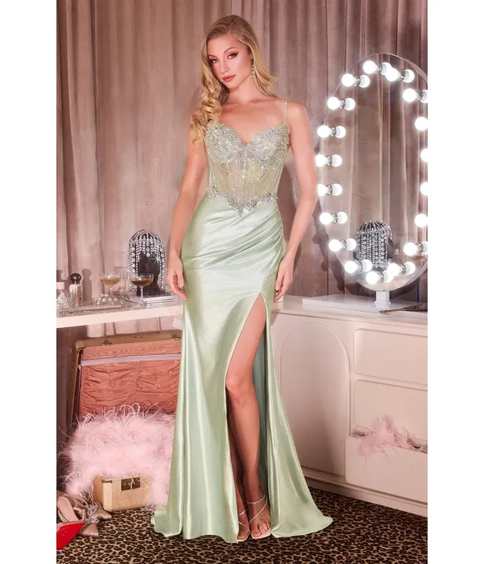 LaDivine by Cinderella Divine Sage Beaded Satin Sweatheart Neck Gown sold by Unique Vintage