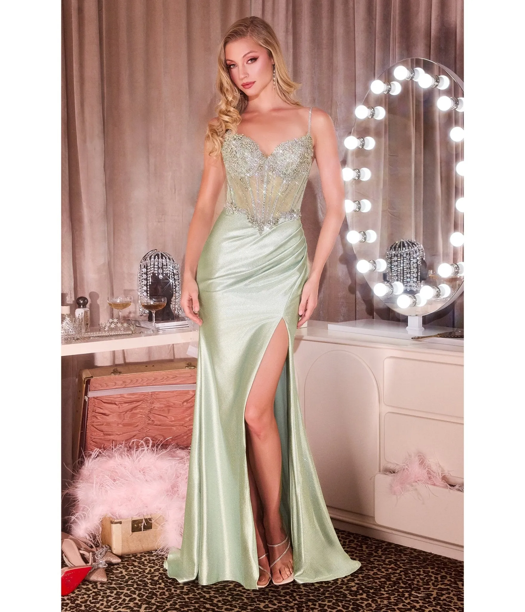 LaDivine by Cinderella Divine Sage Beaded Satin Sweatheart Neck Gown sold by Unique Vintage