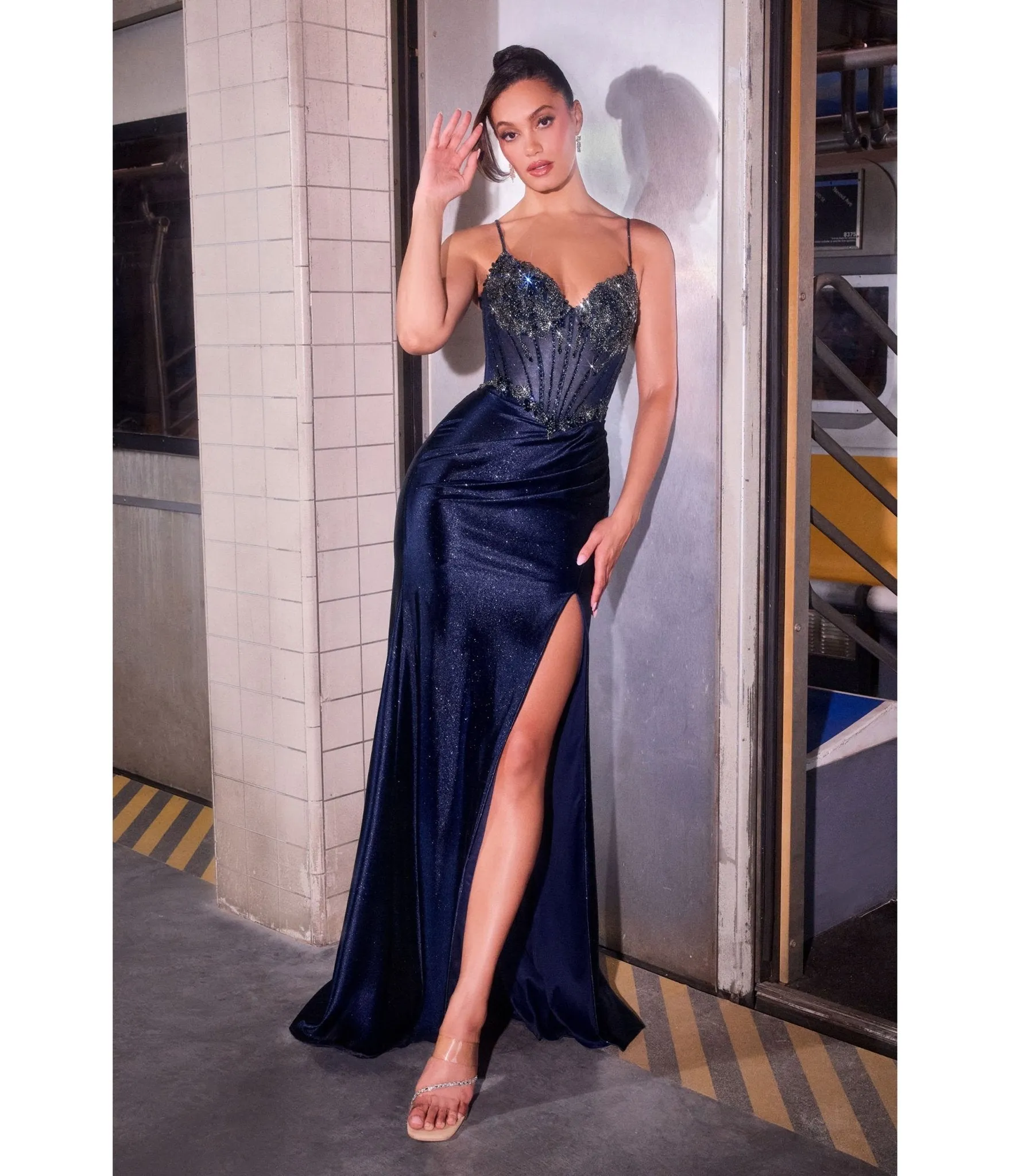 LaDivine by Cinderella Divine Navy Beaded Satin Sweatheart Neck Gown sold by Unique Vintage