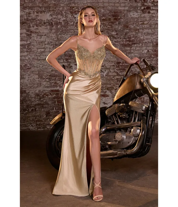 LaDivine by Cinderella Divine Gold Beaded Satin Sweatheart Neck Gown sold by Unique Vintage