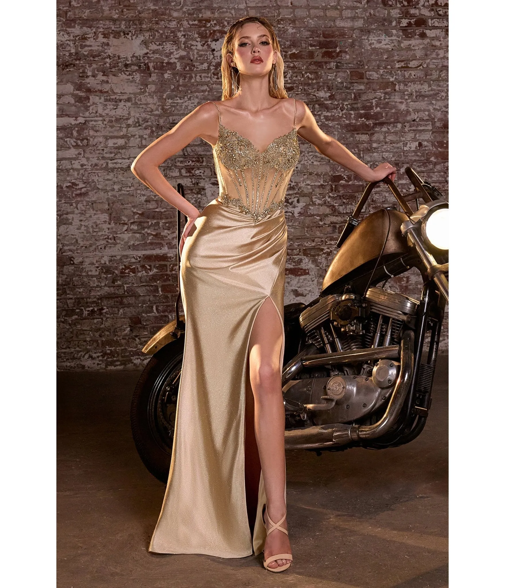 LaDivine by Cinderella Divine Gold Beaded Satin Sweatheart Neck Gown sold by Unique Vintage